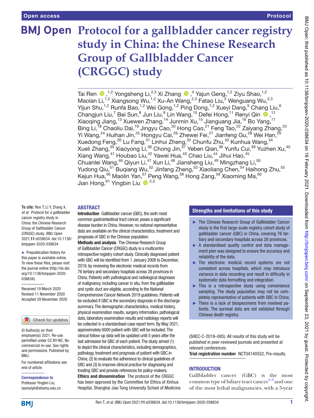 Protocol for a Gallbladder Cancer Registry Study in China: the Chinese Research Group of Gallbladder Cancer (CRGGC) Study