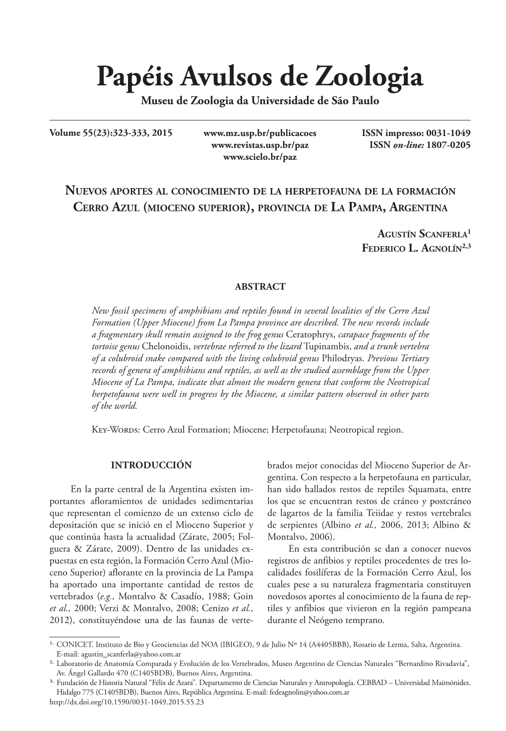 Nuevos Aportes Al Conocimiento De La Herpetofauna De La Formación Cerro Azul (Mioceno Superior), Provincia De La Pampa, Argentina