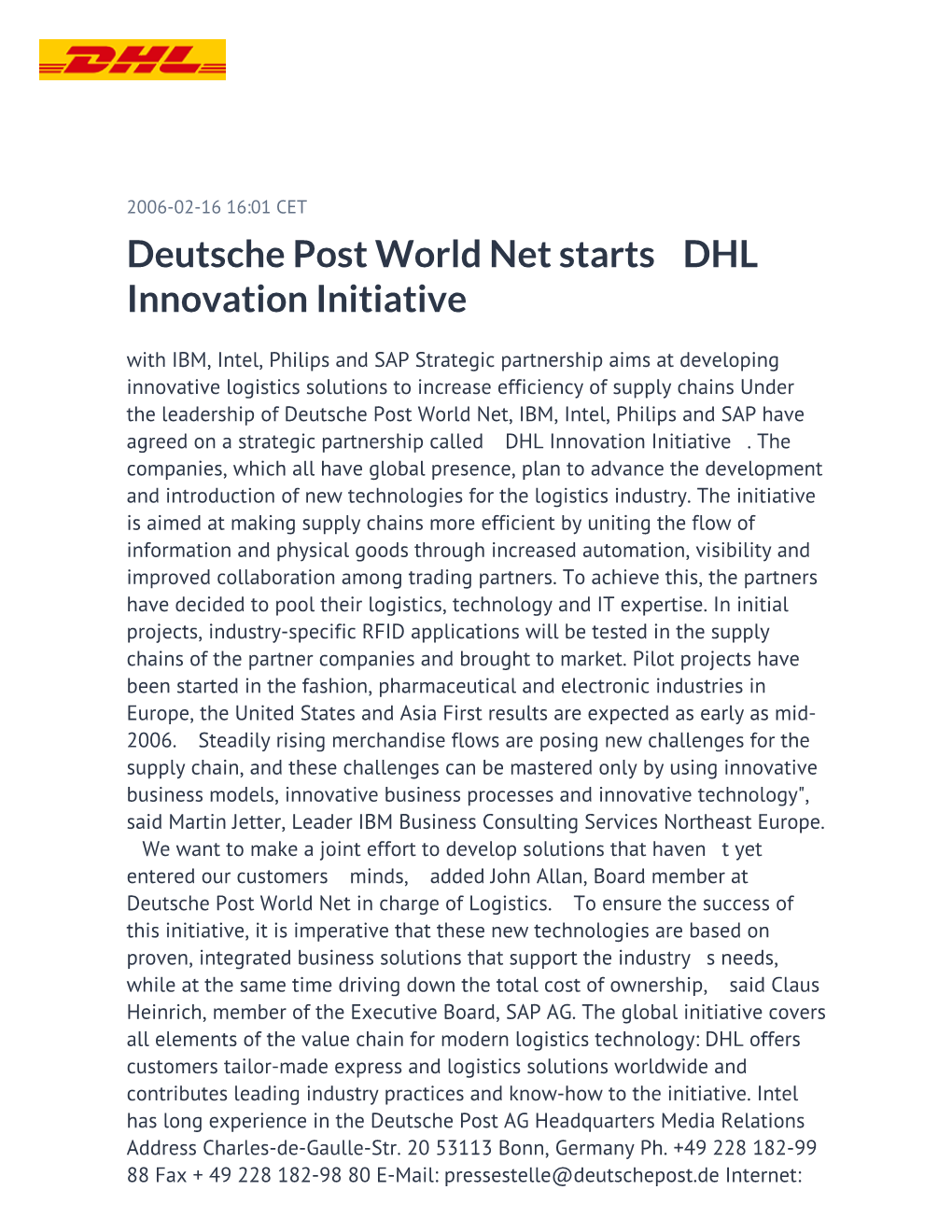 Deutsche Post World Net Starts DHL Innovation Initiative