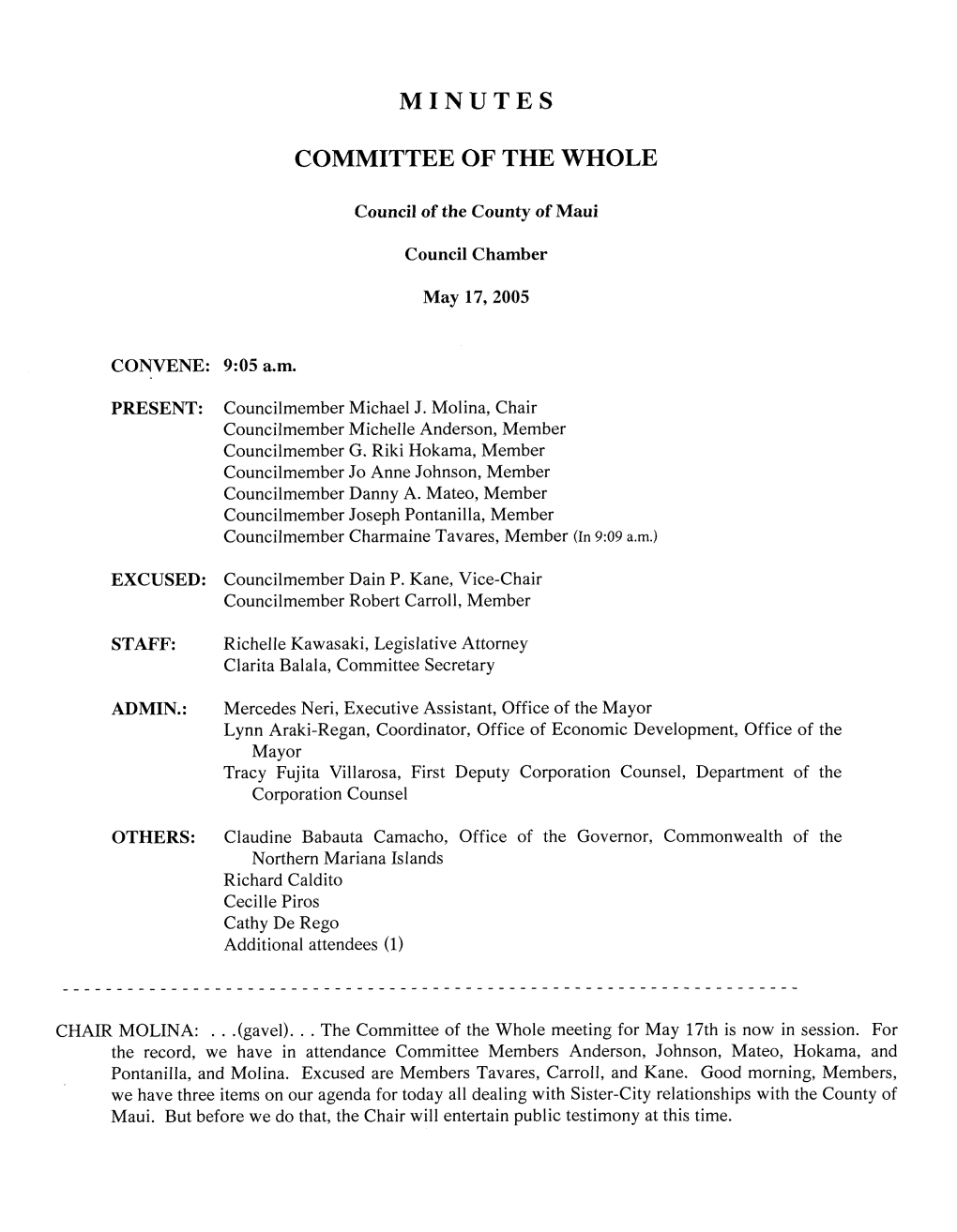 Minutes Committee of the Whole