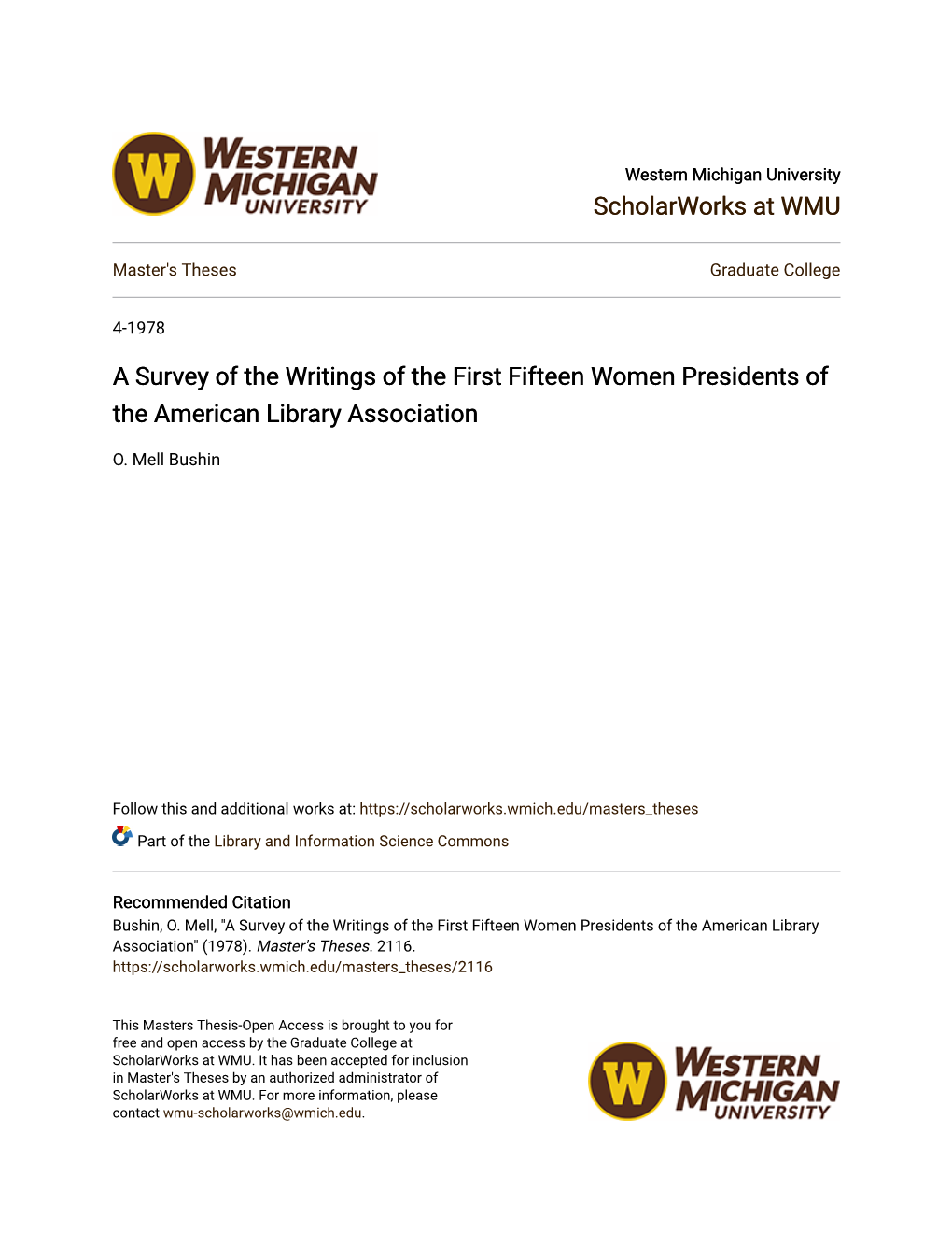 A Survey of the Writings of the First Fifteen Women Presidents of the American Library Association