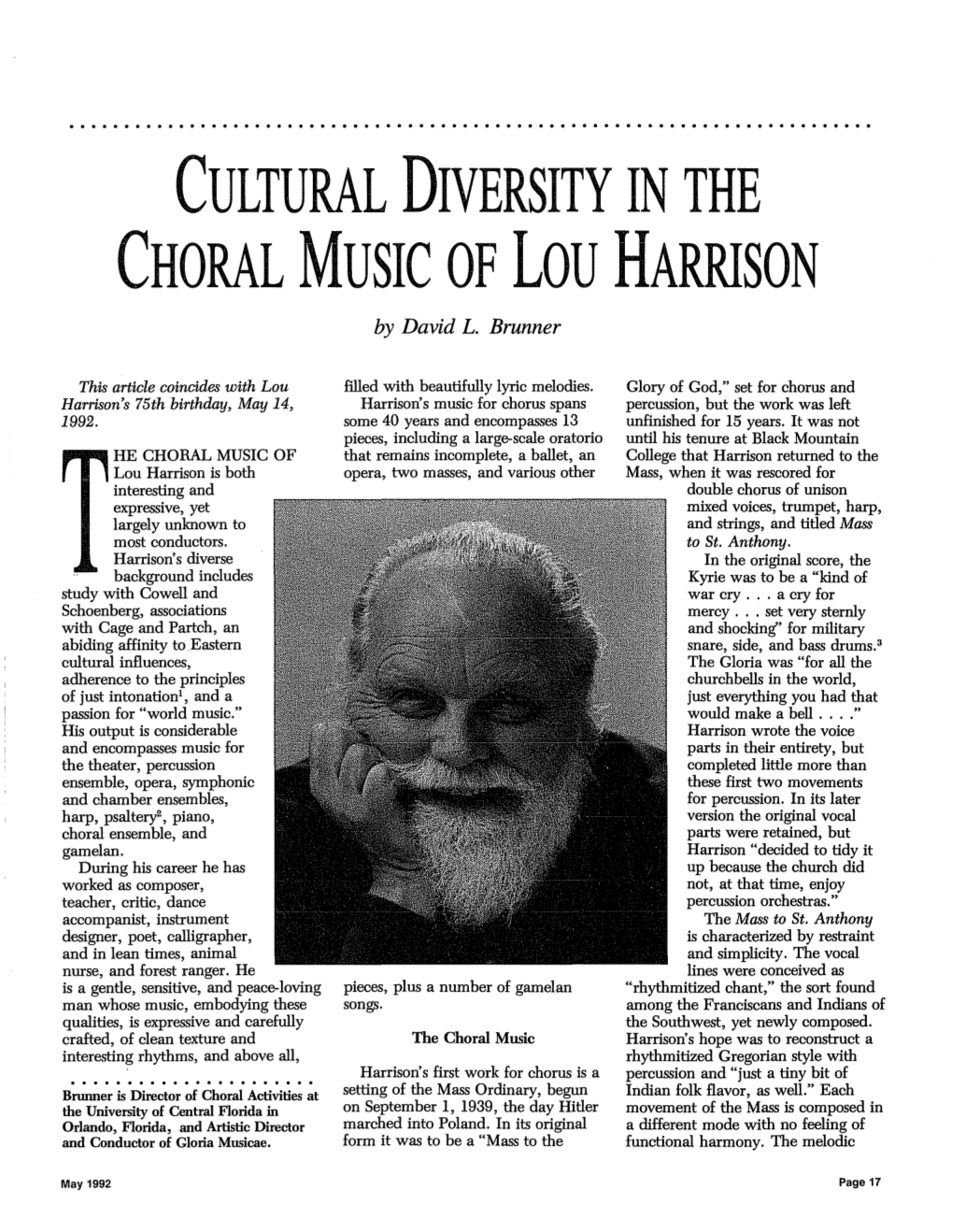 CULTURAL DIVERSITY in the CHORAL MUSIC of Lou HARRISON by David L