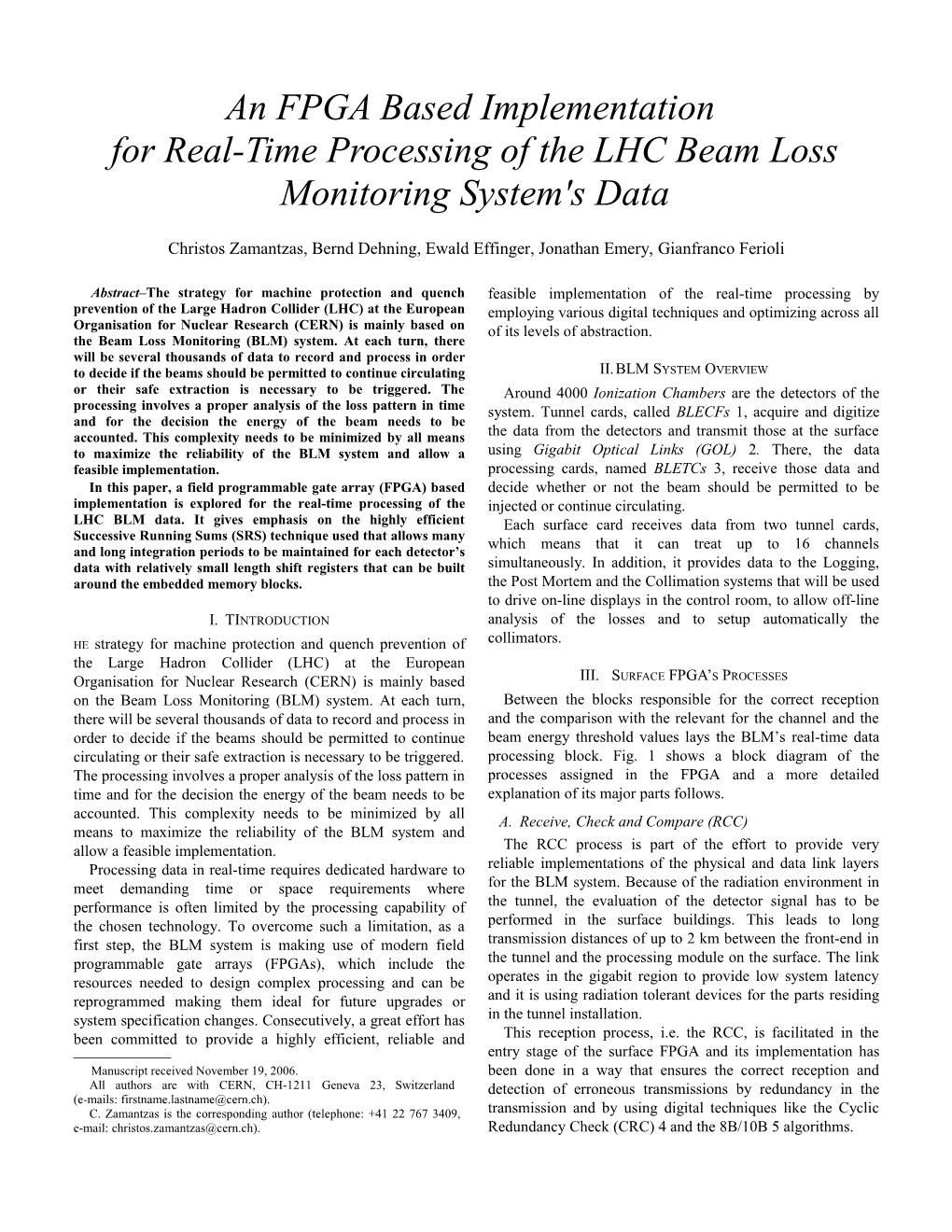 An FPGA Based Implementation for Real-Time Processing of the LHC Beam Loss Monitoring System's