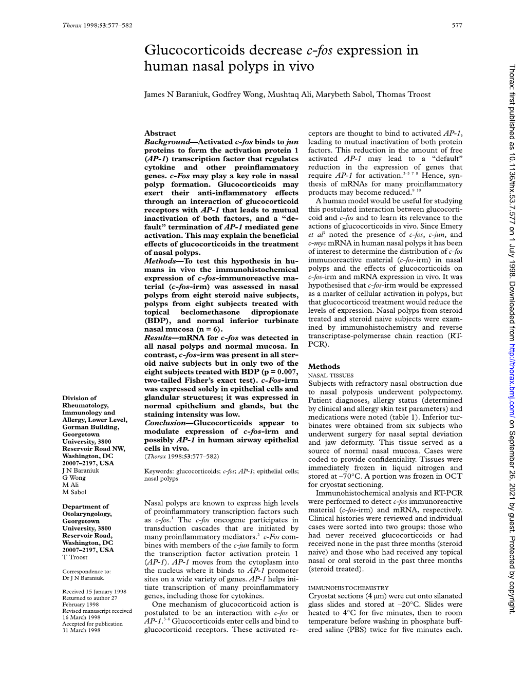 Glucocorticoids Decrease C-Fos Expression in Human Nasal Polyps in Vivo Thorax: First Published As 10.1136/Thx.53.7.577 on 1 July 1998