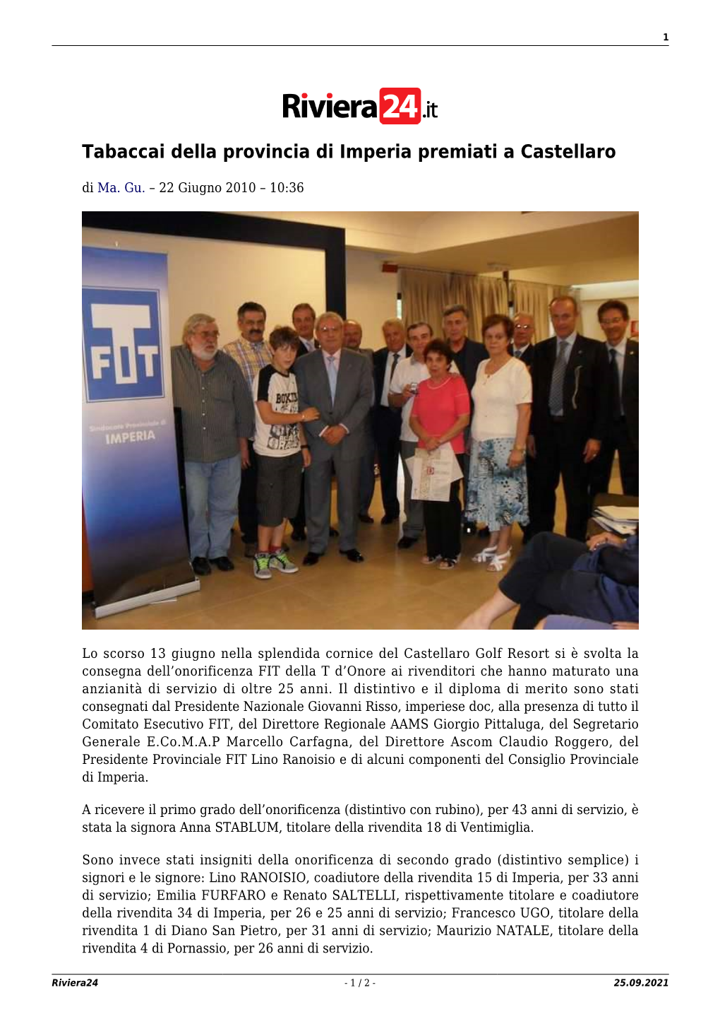 Tabaccai Della Provincia Di Imperia Premiati a Castellaro