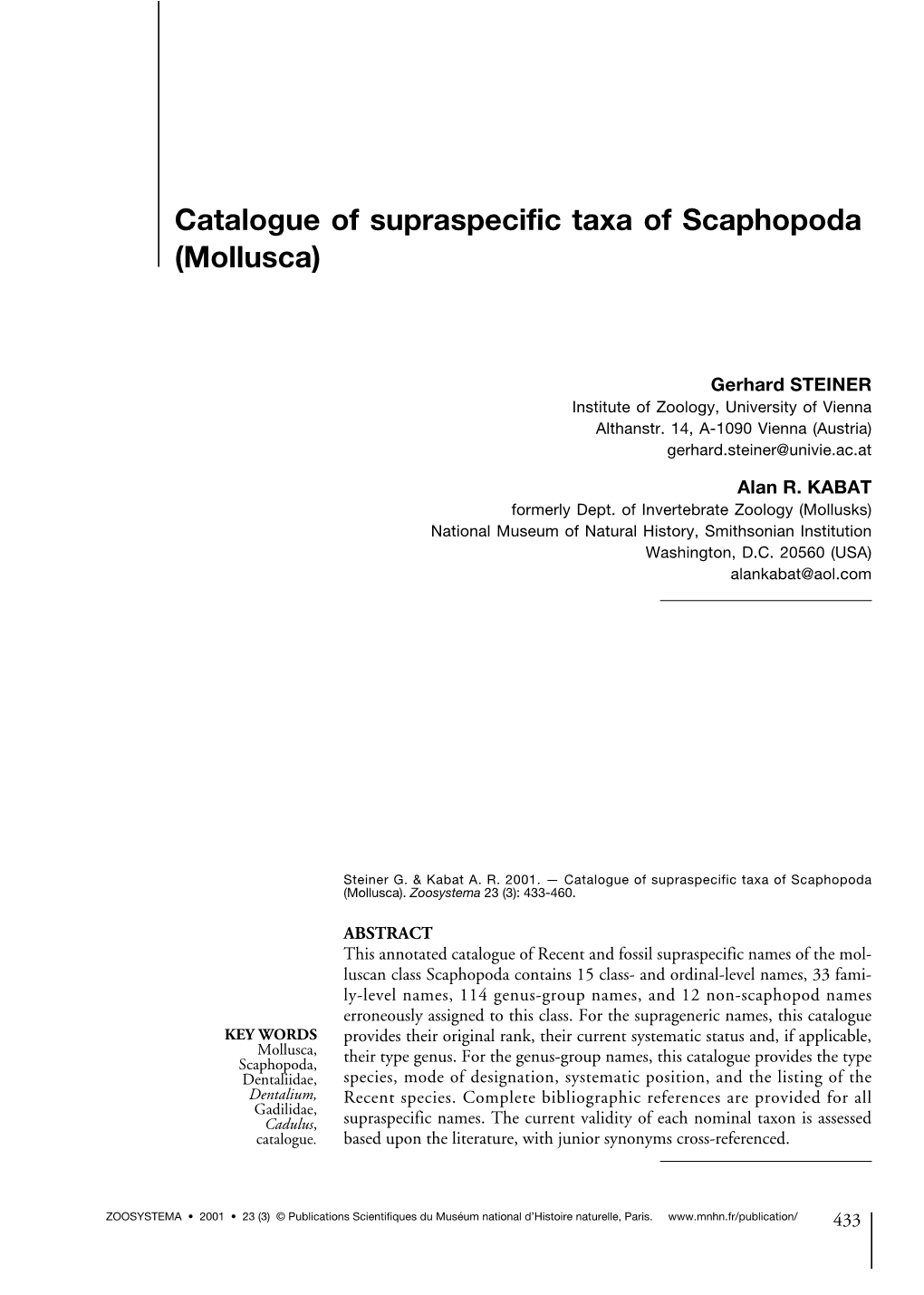 Catalogue of Supraspecific Taxa of Scaphopoda (Mollusca)