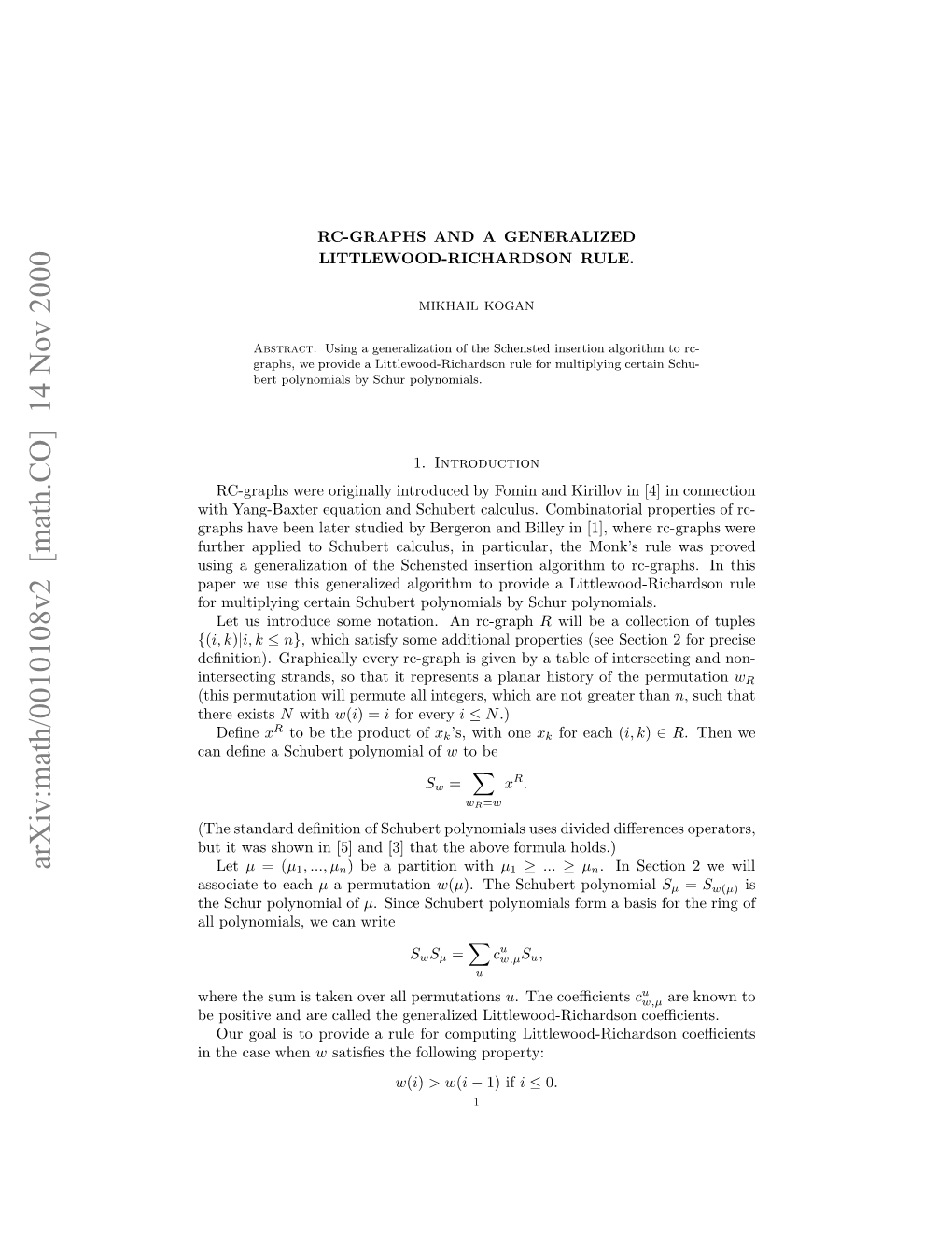 Arxiv:Math/0010108V2 [Math.CO] 14 Nov 2000 Soit Oeach to Associate Ae Eueti Eeaie Loih Opoiealittlewood-Richa Polynomials