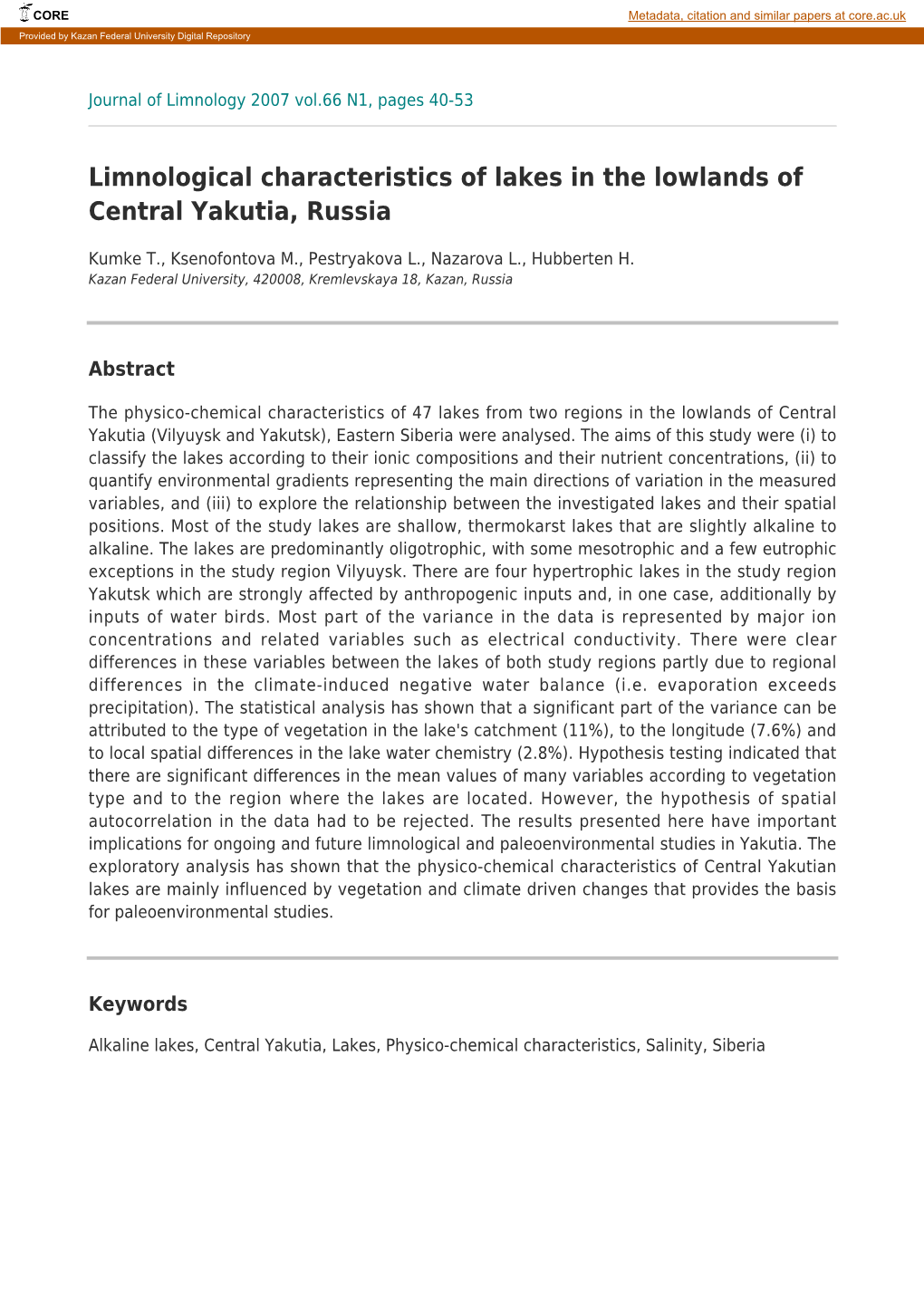 Limnological Characteristics of Lakes in the Lowlands of Central Yakutia, Russia