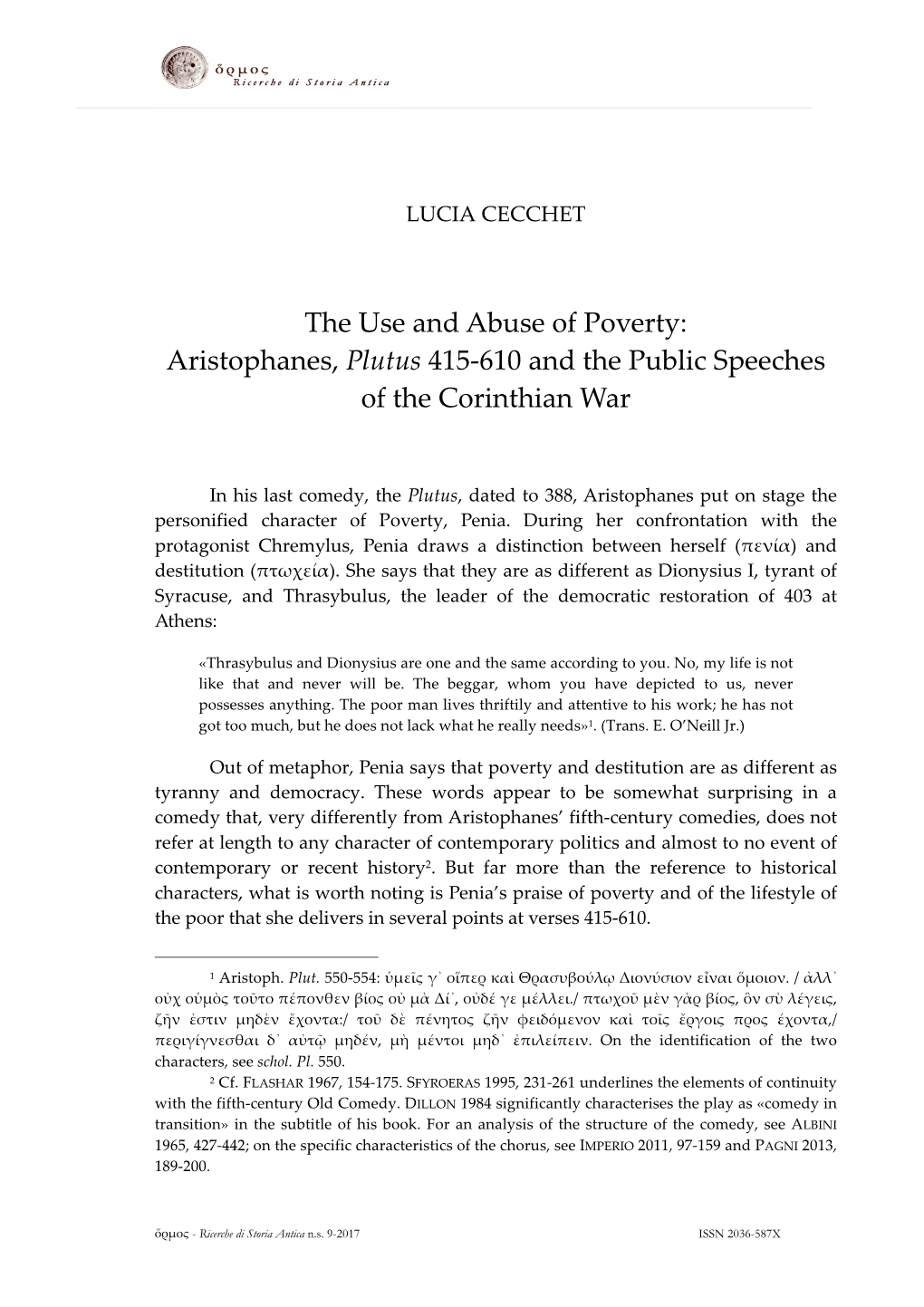 The Use and Abuse of Poverty: Aristophanes, Plutus 415-610 and the Public Speeches of the Corinthian War