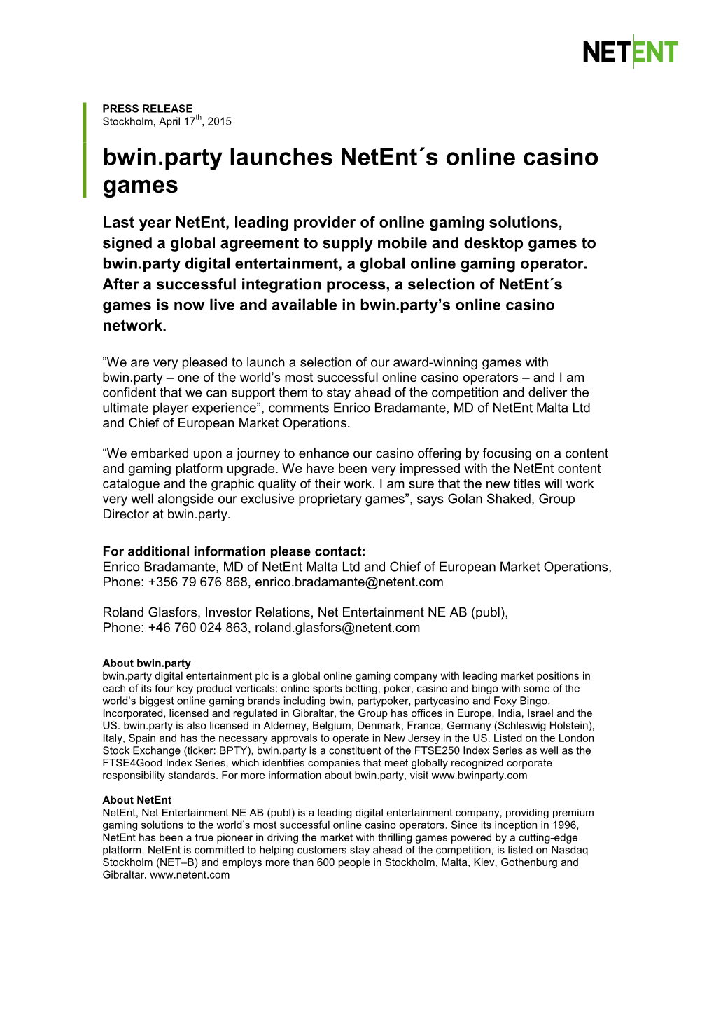 Bwin.Party Launches Netent´S Online Casino Games