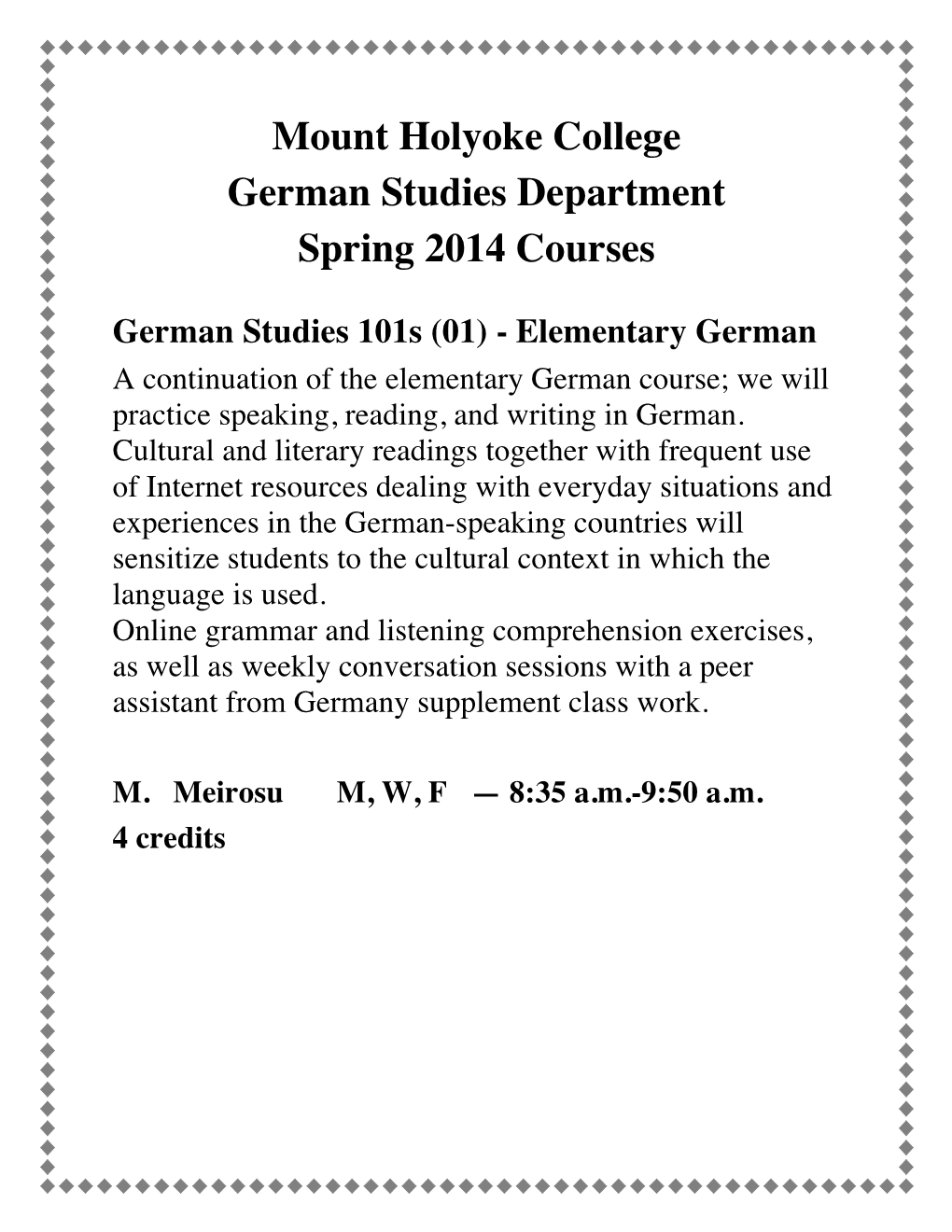 MHC German Studies Spring 2014 Courses