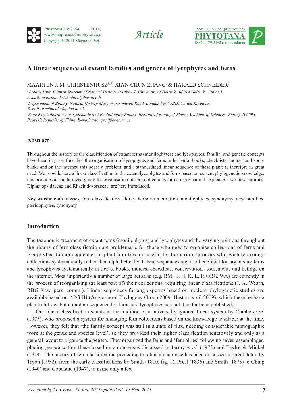 A Linear Sequence of Extant Families and Genera of Lycophytes and Ferns