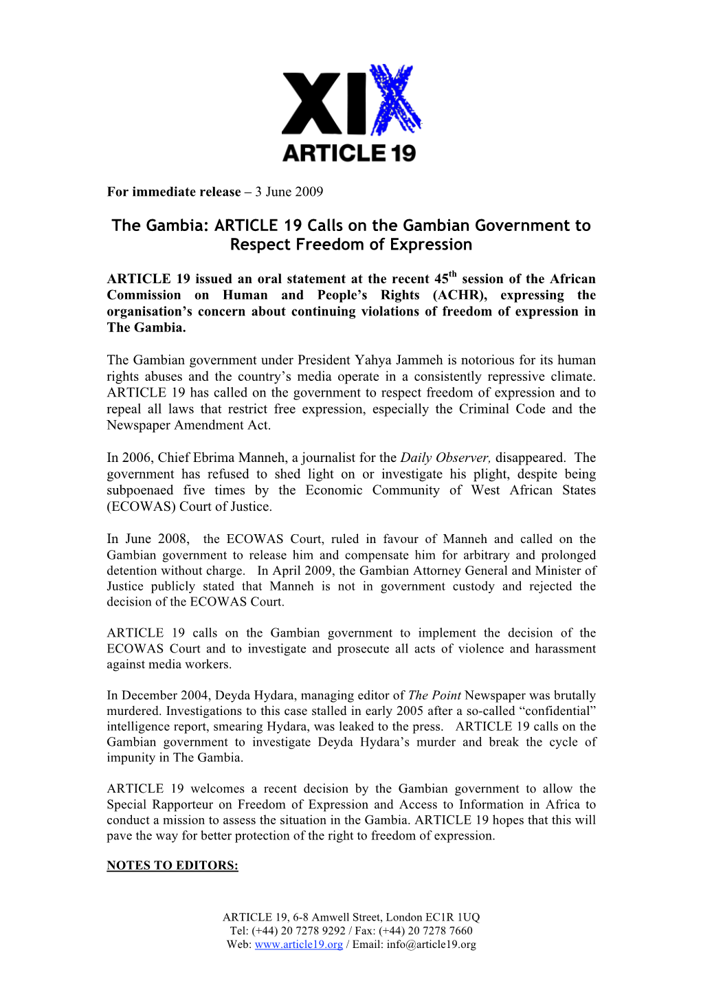 The Gambia: ARTICLE 19 Calls on the Gambian Government to Respect Freedom of Expression