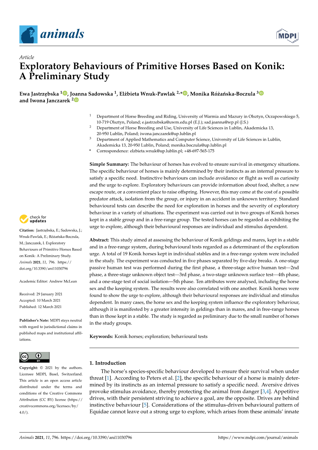 Exploratory Behaviours of Primitive Horses Based on Konik: a Preliminary Study