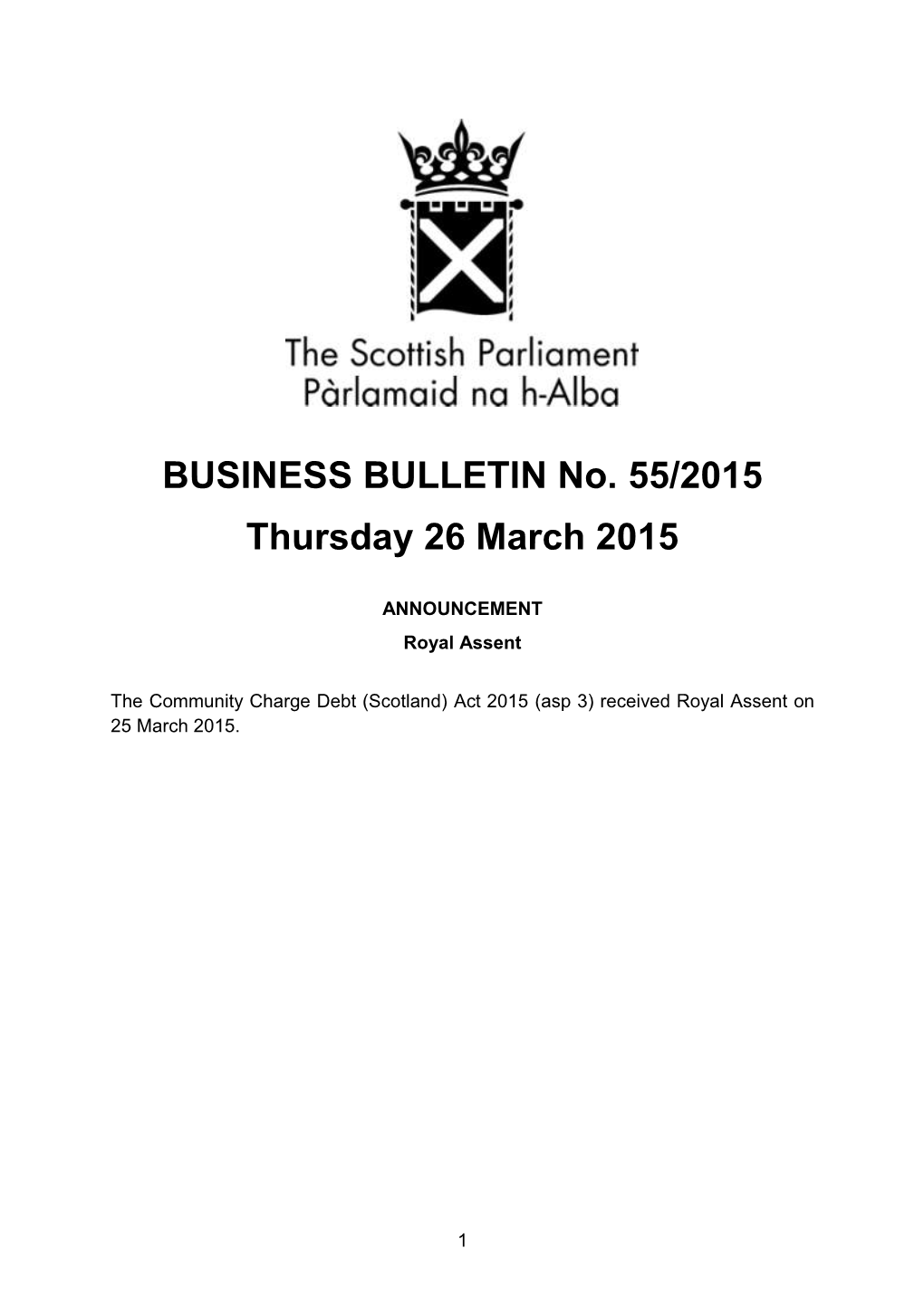 BUSINESS BULLETIN No. 55/2015 Thursday 26 March 2015