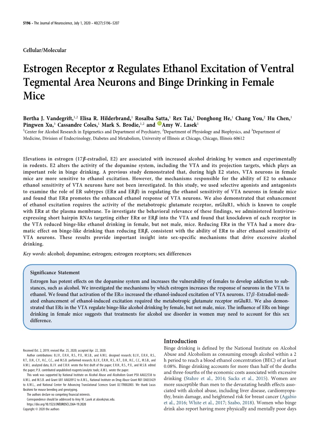 Estrogen Receptor Α Regulates Ethanol Excitation of Ventral Tegmental Area Neurons and Binge Drinking in Female Mice