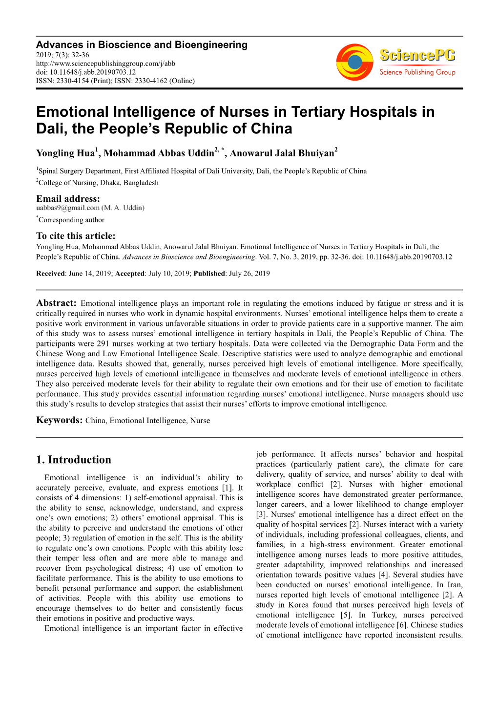 Emotional Intelligence of Nurses in Tertiary Hospitals in Dali, the People’S Republic of China