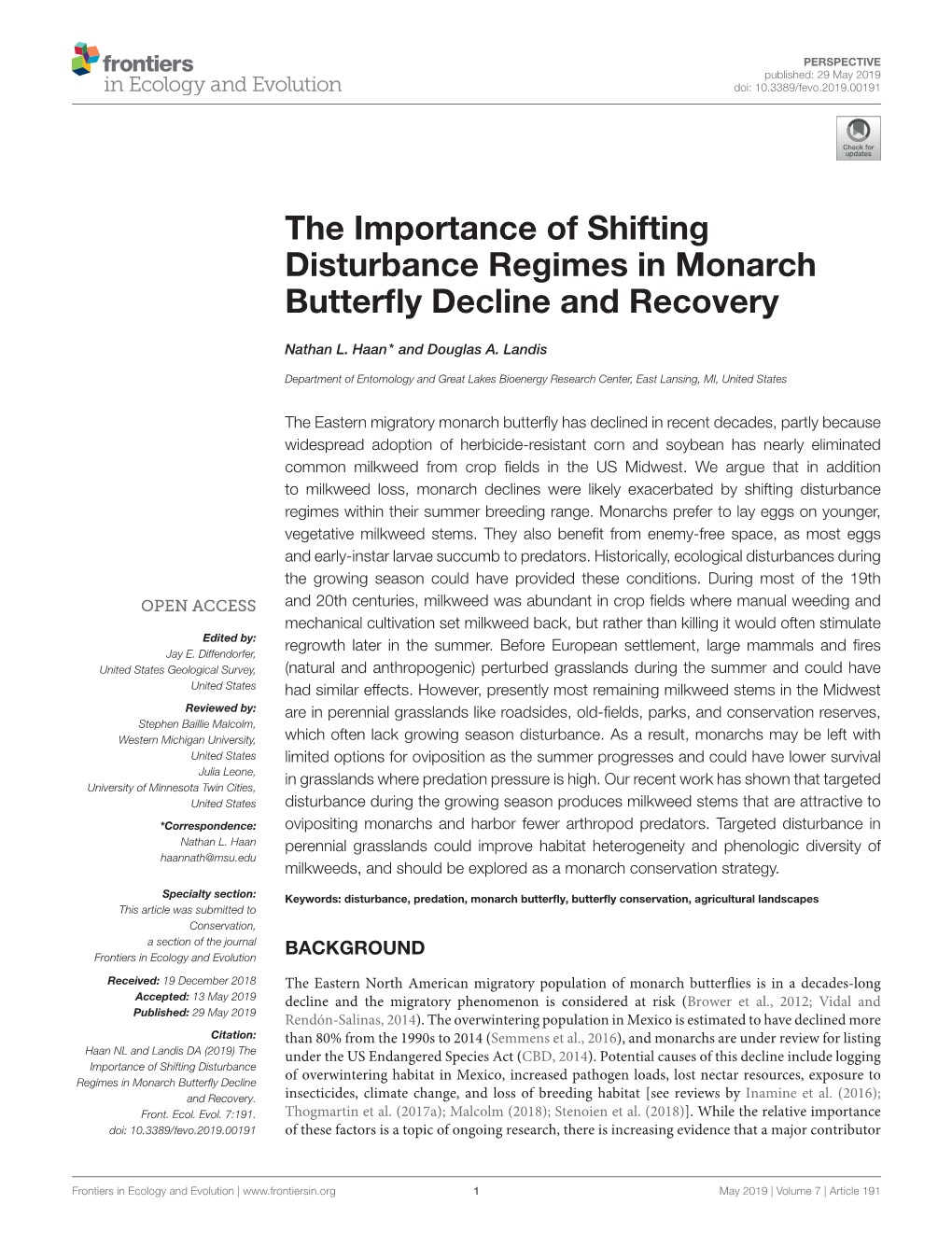 The Importance of Shifting Disturbance Regimes in Monarch Butterﬂy Decline and Recovery