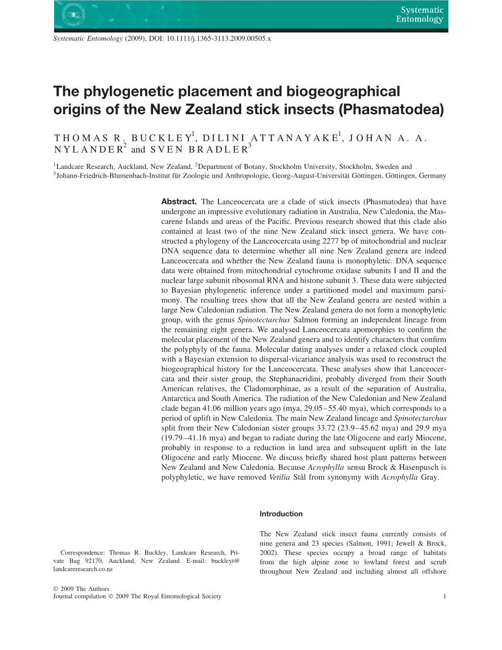 The Phylogenetic Placement and Biogeographical Origins of the New Zealand Stick Insects (Phasmatodea)
