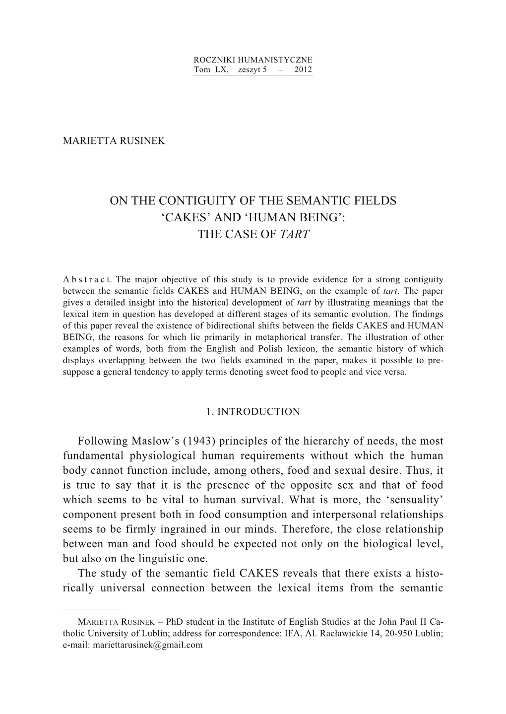 On the Contiguity of the Semantic Fields 'Cakes' and 'Human Being'