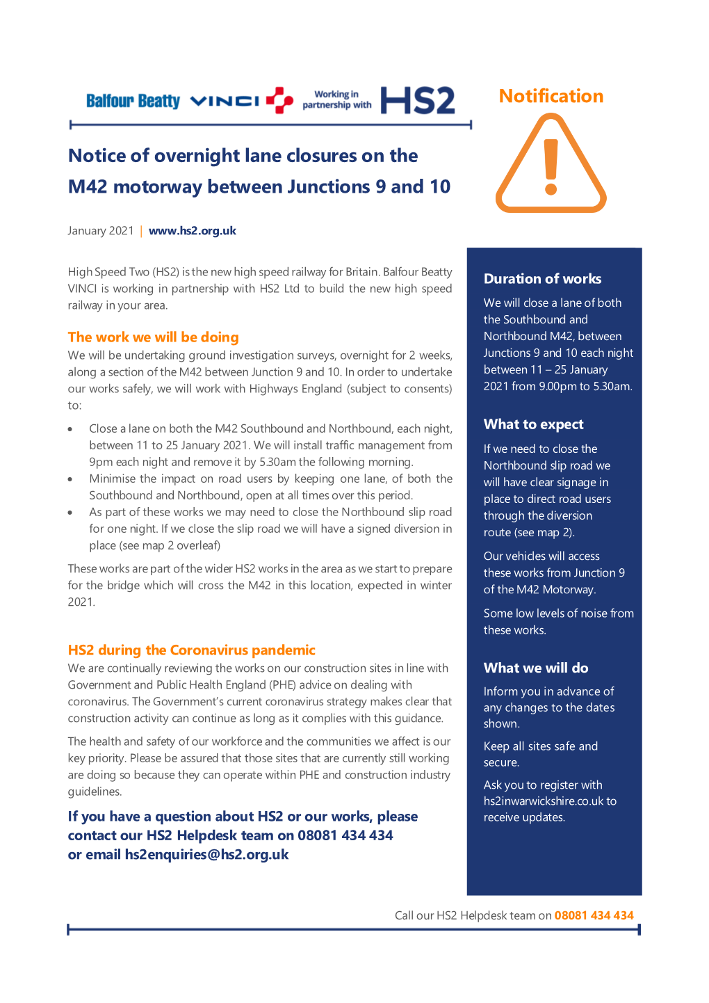 Notification Notice of Overnight Lane Closures on the M42 Motorway