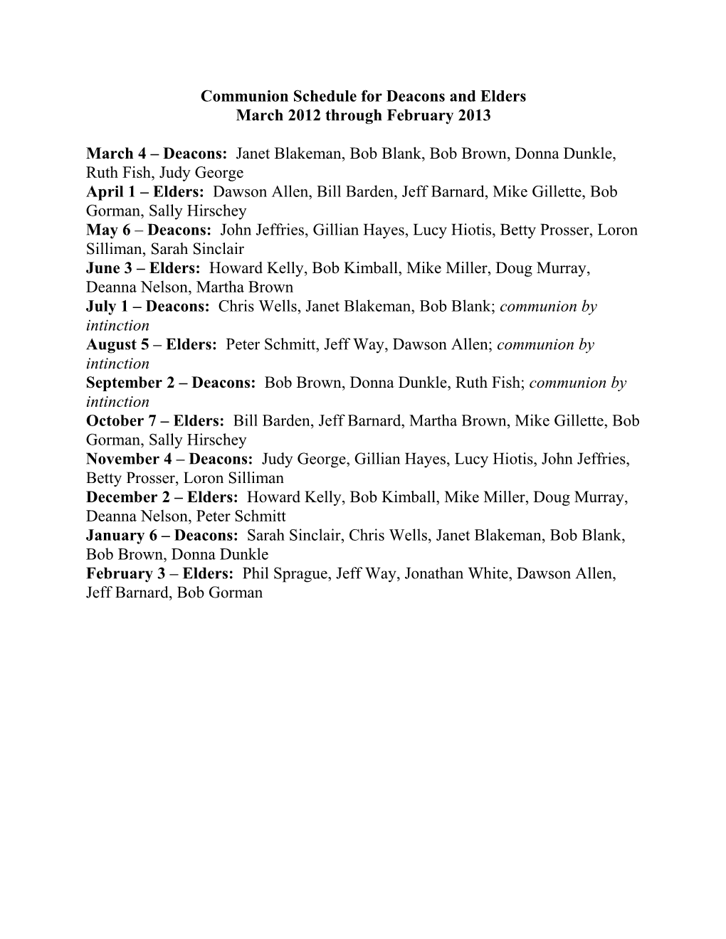 Communion Schedule for Deacons and Elders