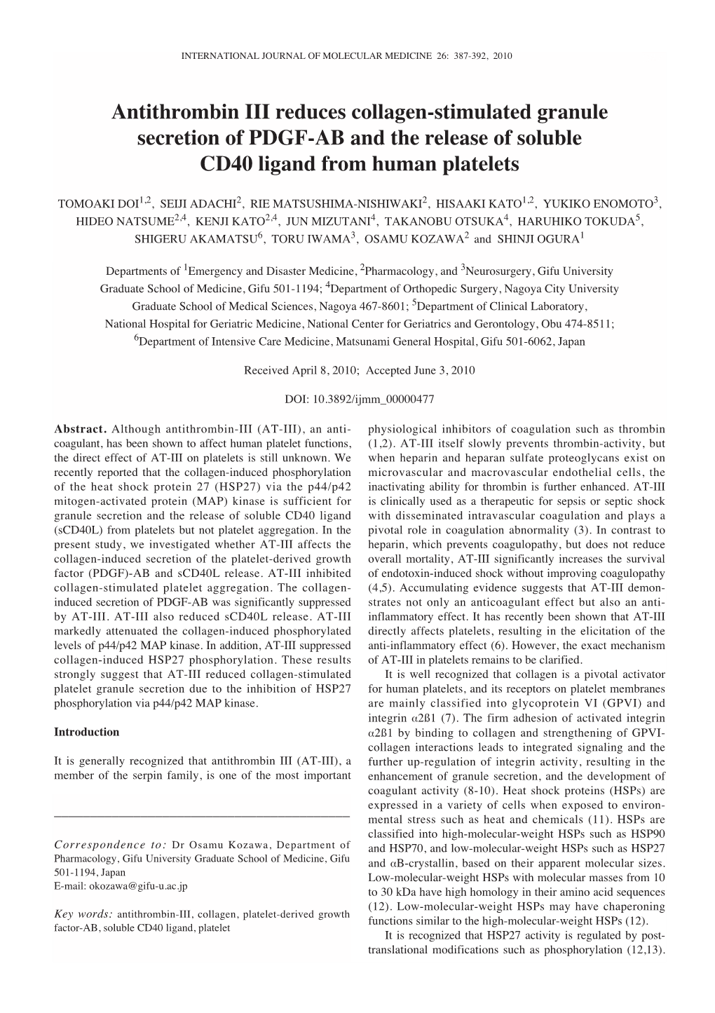 Antithrombin III Reduces Collagen-Stimulated Granule Secretion of PDGF-AB and the Release of Soluble CD40 Ligand from Human Platelets