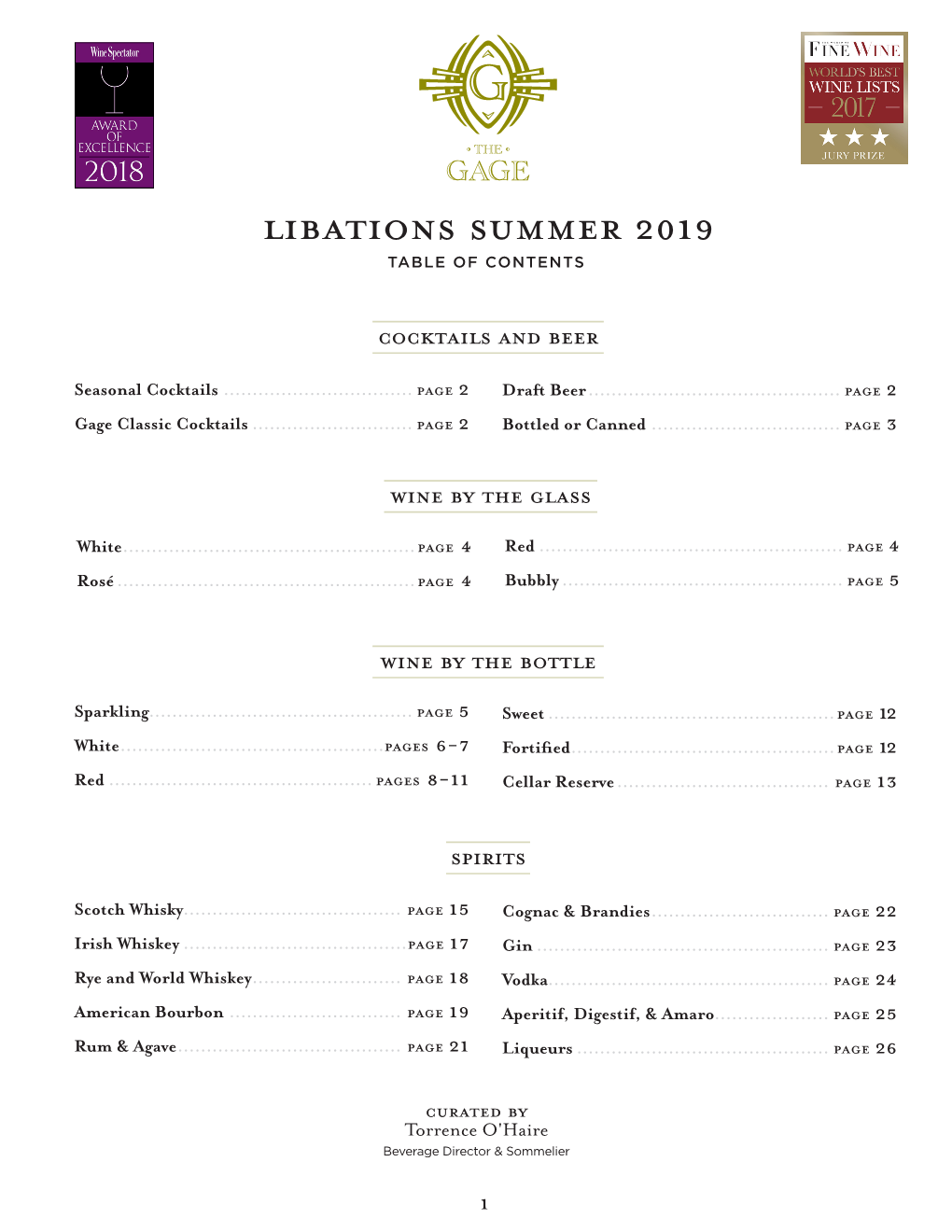 Libations SUMMER 2019 TABLE of CONTENTS