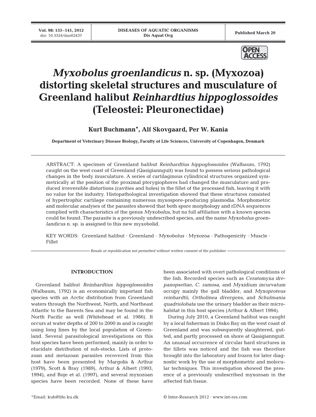 Myxobolus Groenlandicus N. Sp.(Myxozoa) Distorting Skeletal