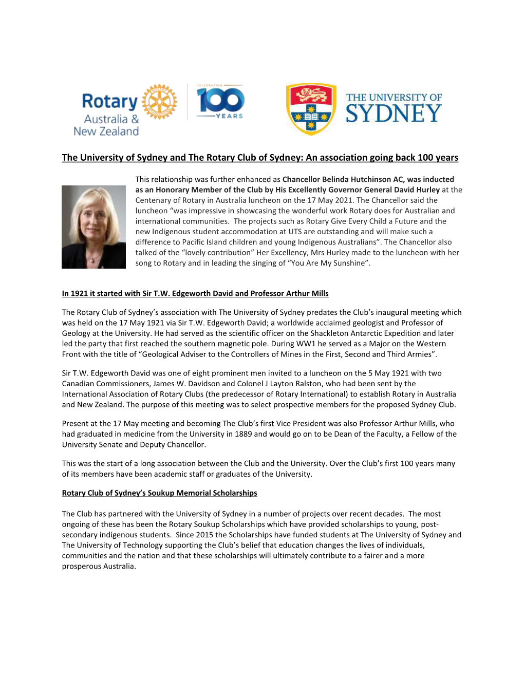 The University of Sydney and the Rotary Club of Sydney: an Association Going Back 100 Years