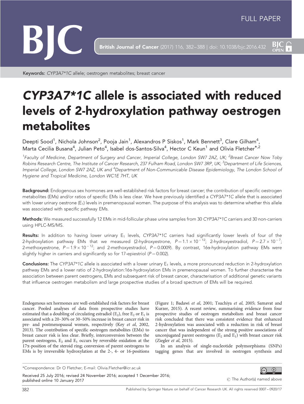 1C Allele Is Associated with Reduced Levels of 2-Hydroxylation Pathway Oestrogen Metabolites