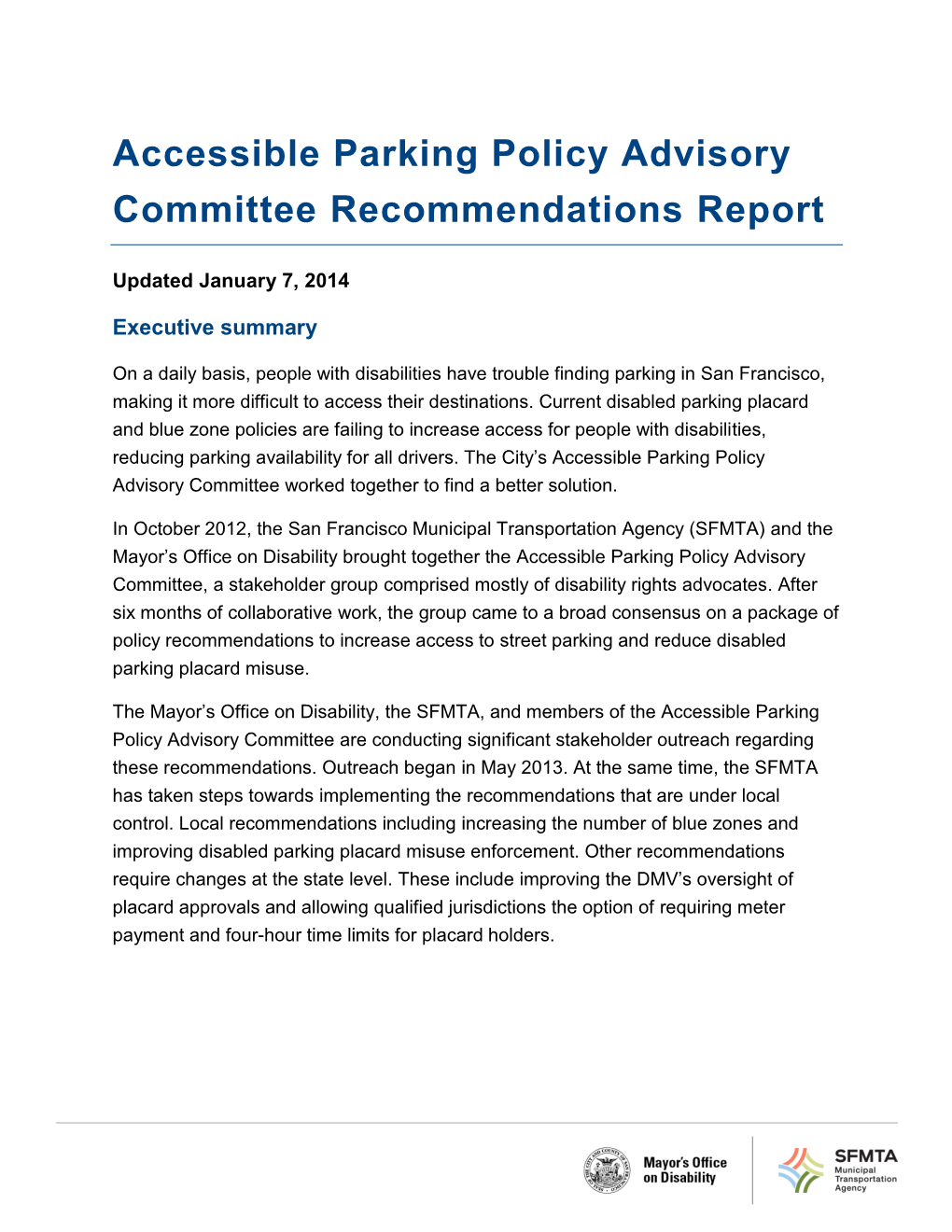Accessible Parking Policy Advisory Committee Recommendations Report