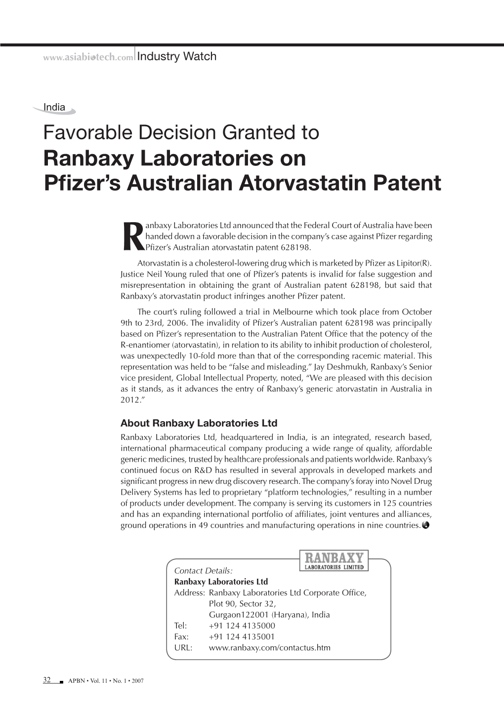 Ranbaxy Laboratories on Pfizer's Australian Atorvastatin Patent