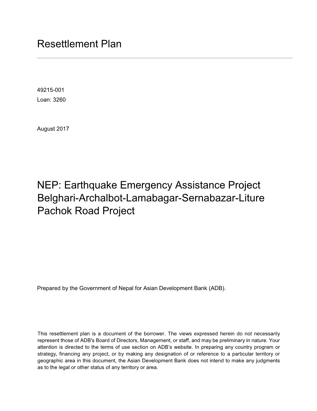 Resettlement Plan NEP: Earthquake Emergency Assistance Project