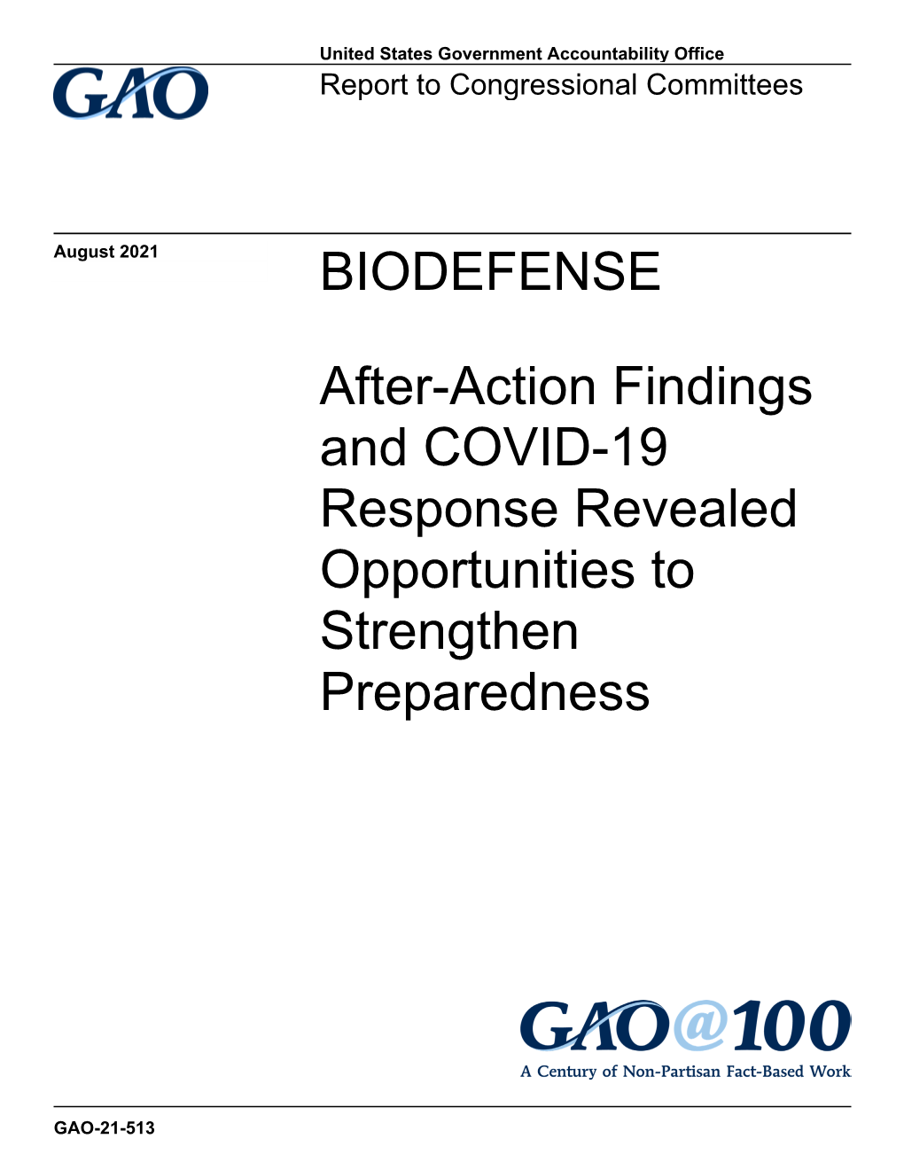 GAO-21-513, BIODEFENSE: After-Action Findings and COVID