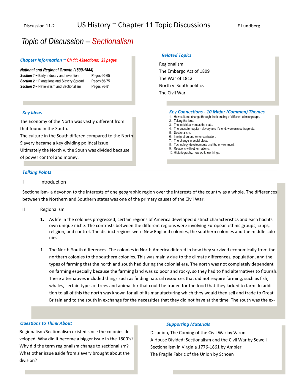 Topic of Discussion – Sectionalism