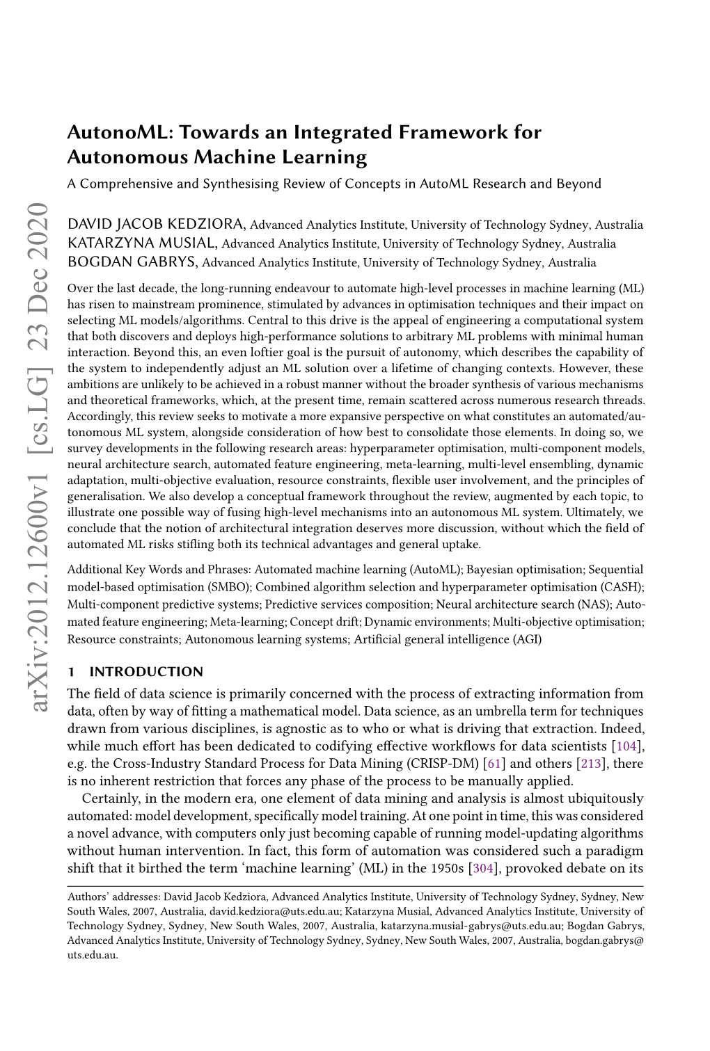 Autonoml: Towards an Integrated Framework for Autonomous Machine Learning a Comprehensive and Synthesising Review of Concepts in Automl Research and Beyond
