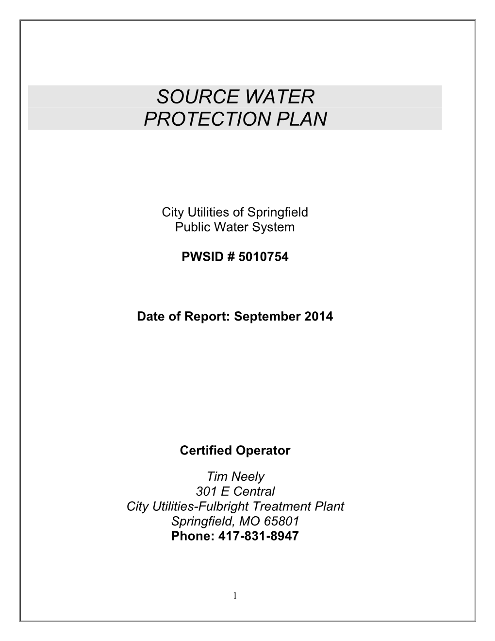 Source Water Protection Plan