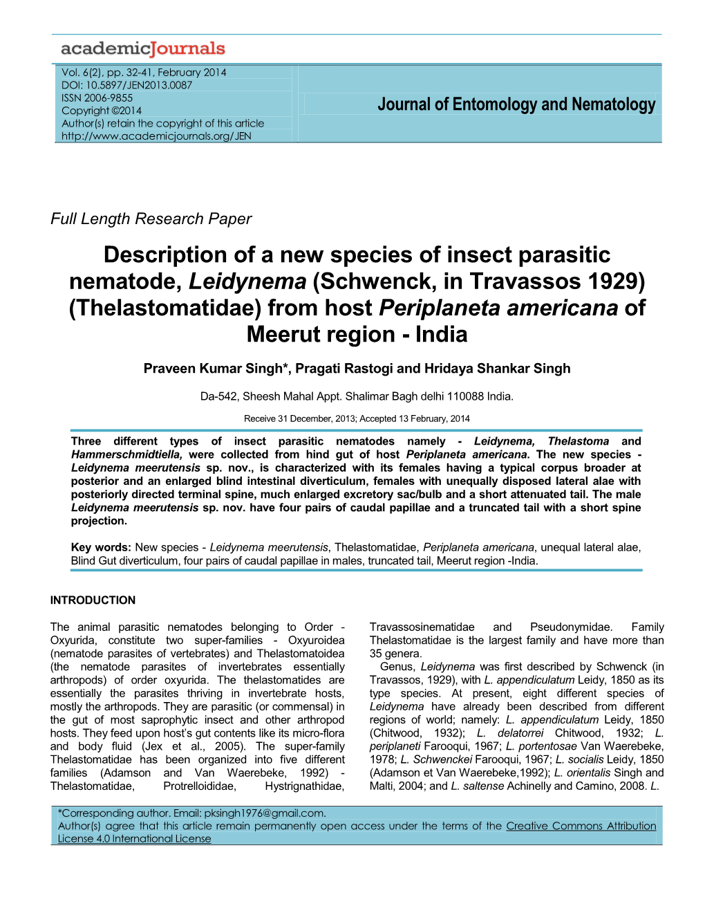Thelastomatidae) from Host Periplaneta Americana of Meerut Region - India