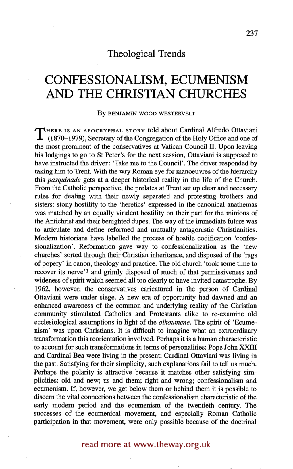 Confessionalism, Ecumenism and the Christian Churches