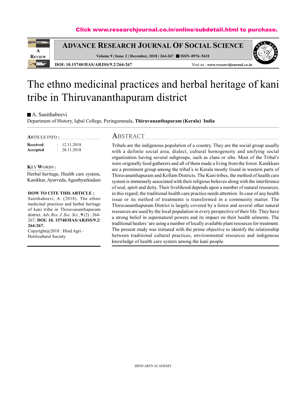 The Ethno Medicinal Practices and Herbal Heritage of Kani Tribe in Thiruvananthapuram District