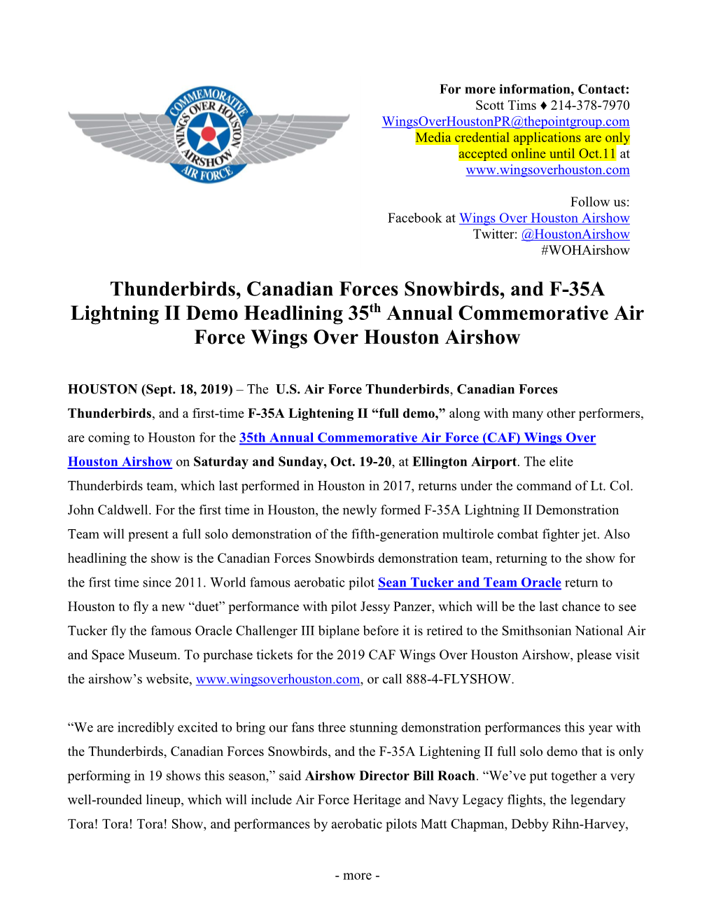 Thunderbirds, Canadian Forces Snowbirds, and F-35A Lightning II Demo Headlining 35Th Annual Commemorative Air Force Wings Over Houston Airshow