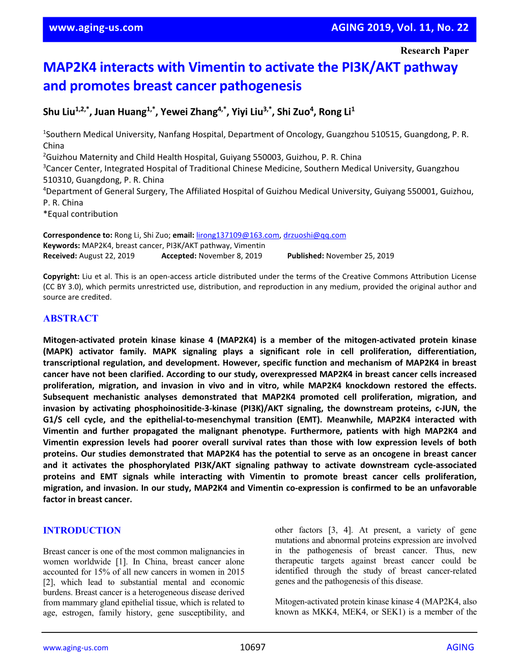 MAP2K4 Interacts with Vimentin to Activate the PI3K/AKT Pathway and Promotes Breast Cancer Pathogenesis