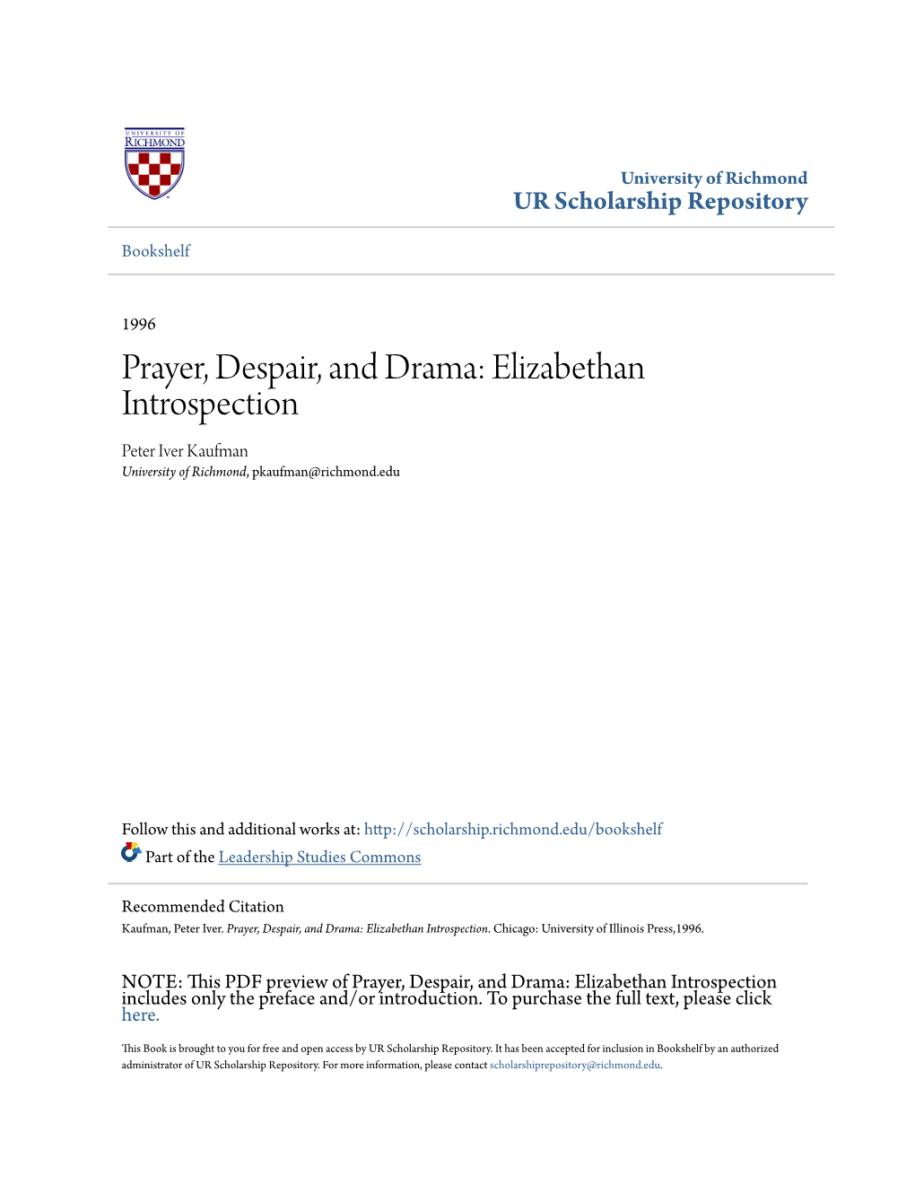 Prayer, Despair, and Drama: Elizabethan Introspection Peter Iver Kaufman University of Richmond, Pkaufman@Richmond.Edu