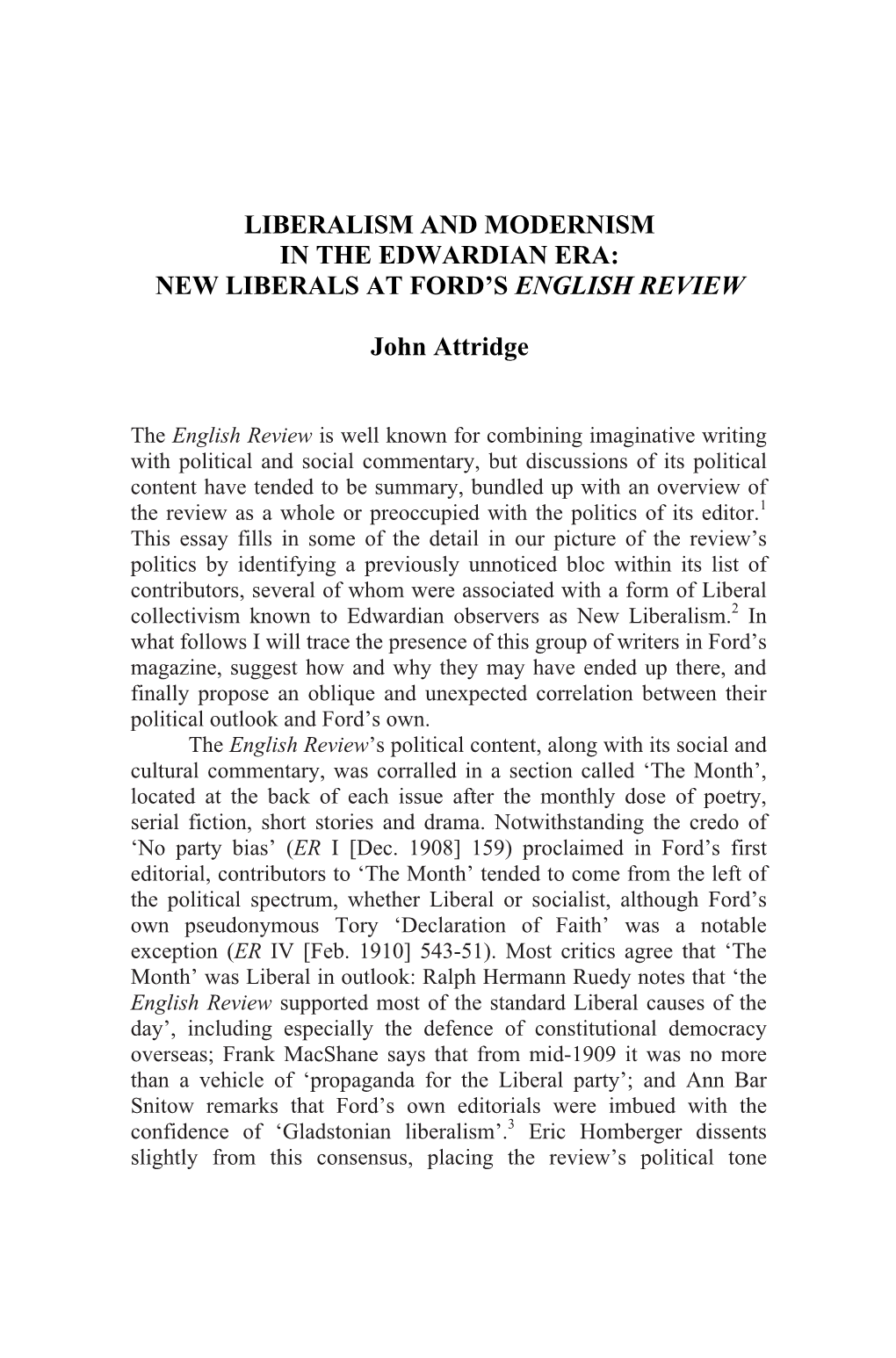 Liberalism and Modernism in the Edwardian Era: New Liberals at Ford’S English Review