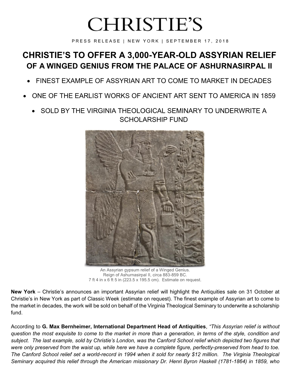 Christie's to Offer a 3000-Year-Old Assyrian Relief of a Winged Genius
