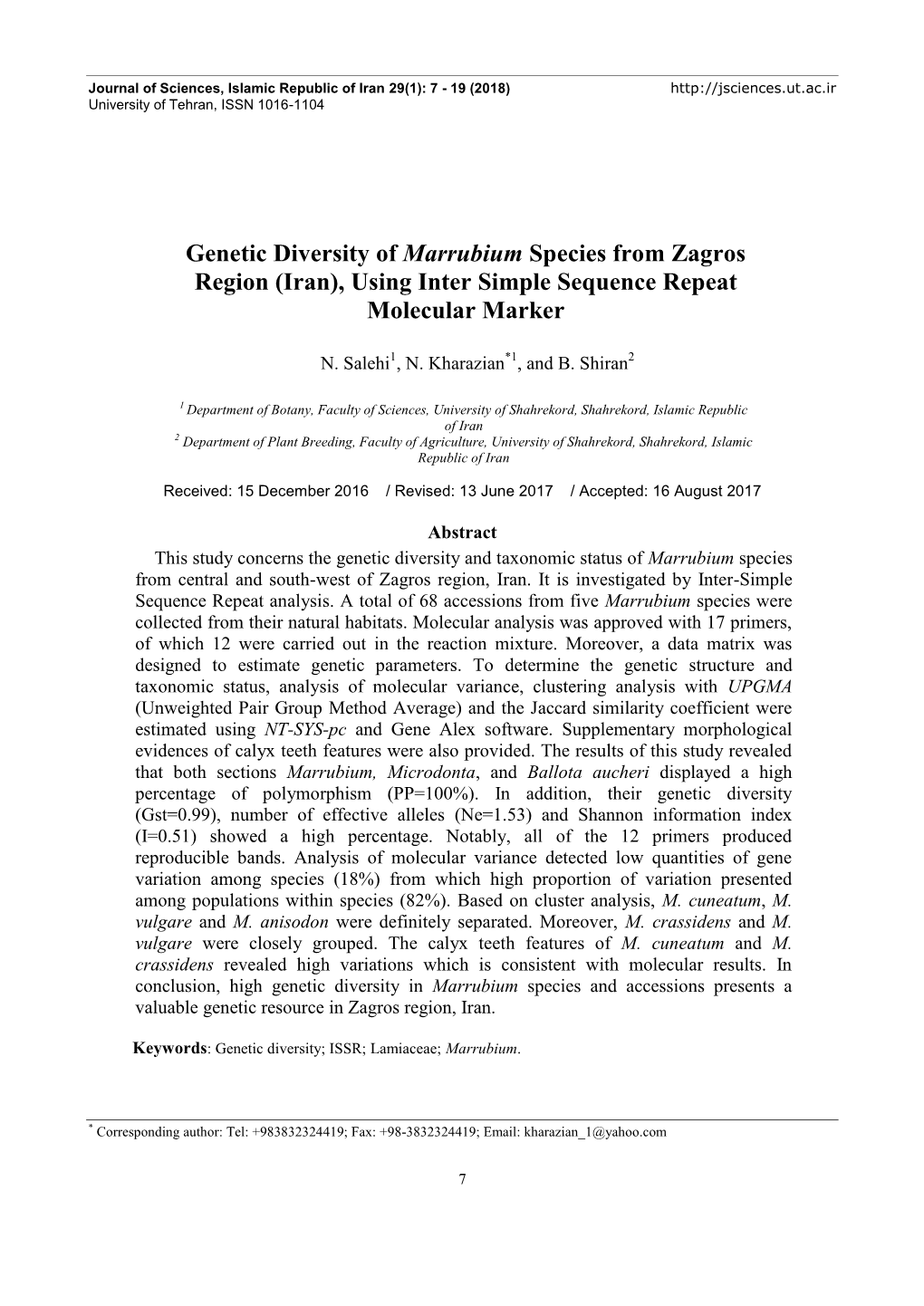 Genetic Diversity of Marrubium Species from Zagros Region (Iran), Using Inter Simple Sequence Repeat Molecular Marker