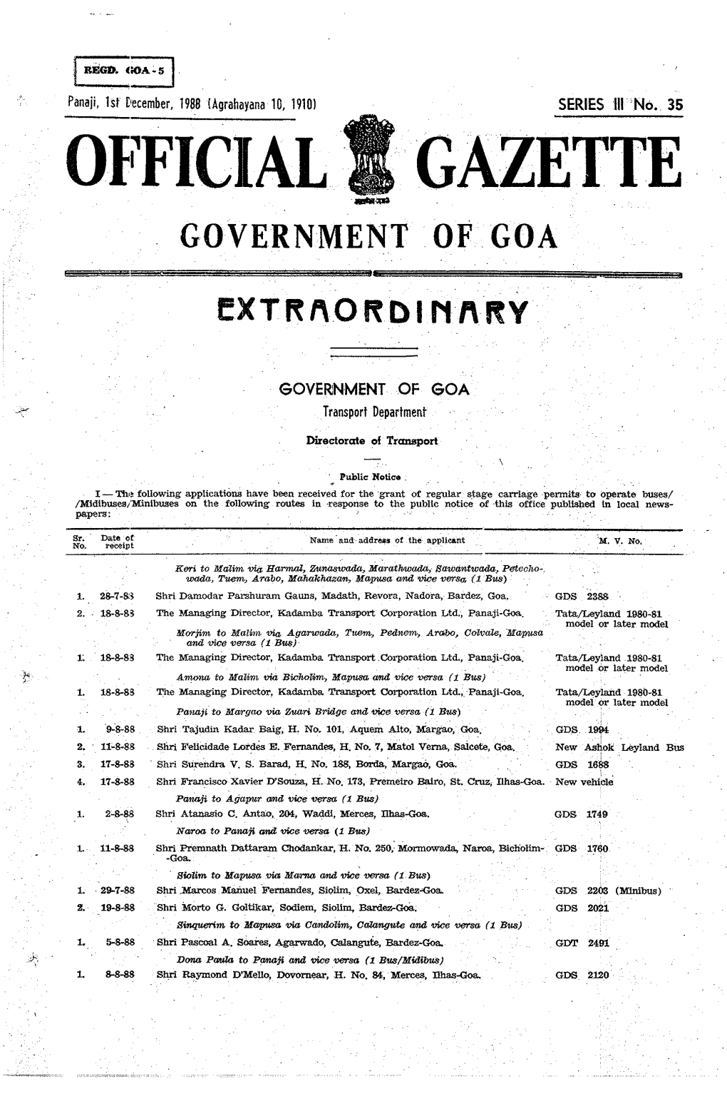 OI~FICIAL GAZETTE GOVERNMENT of GOA = EXT Ft '\0 Rtd I Nl\Fty