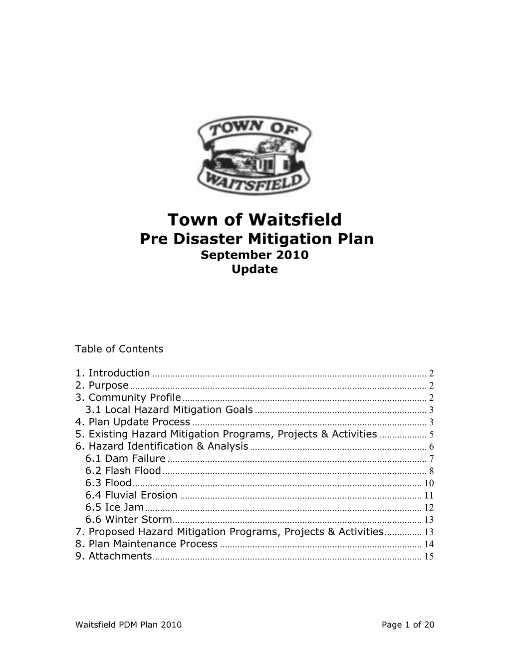 Town of Waitsfield Pre Disaster Mitigation Plan September 2010 Update