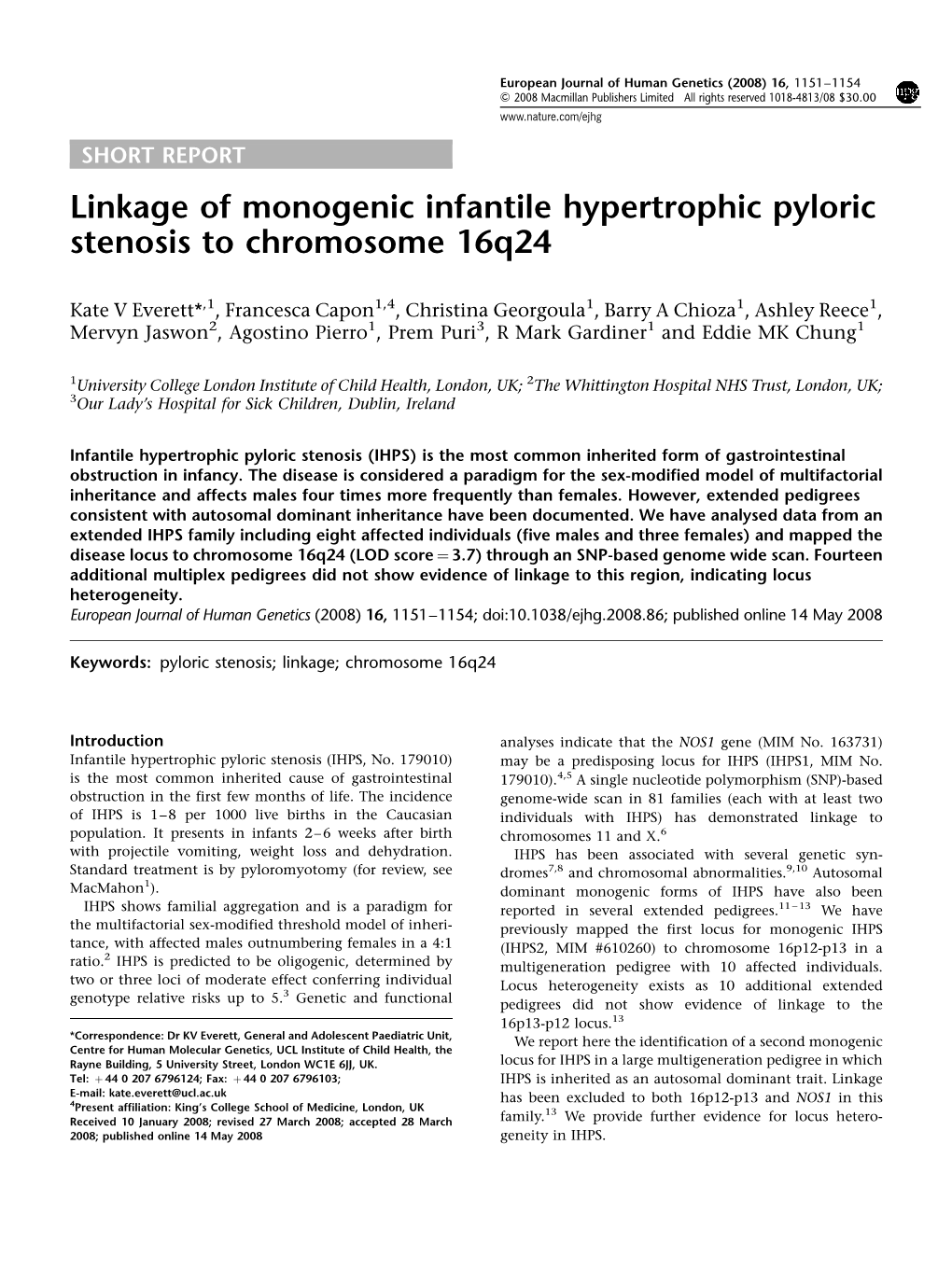Linkage of Monogenic Infantile Hypertrophic Pyloric Stenosis to Chromosome 16Q24
